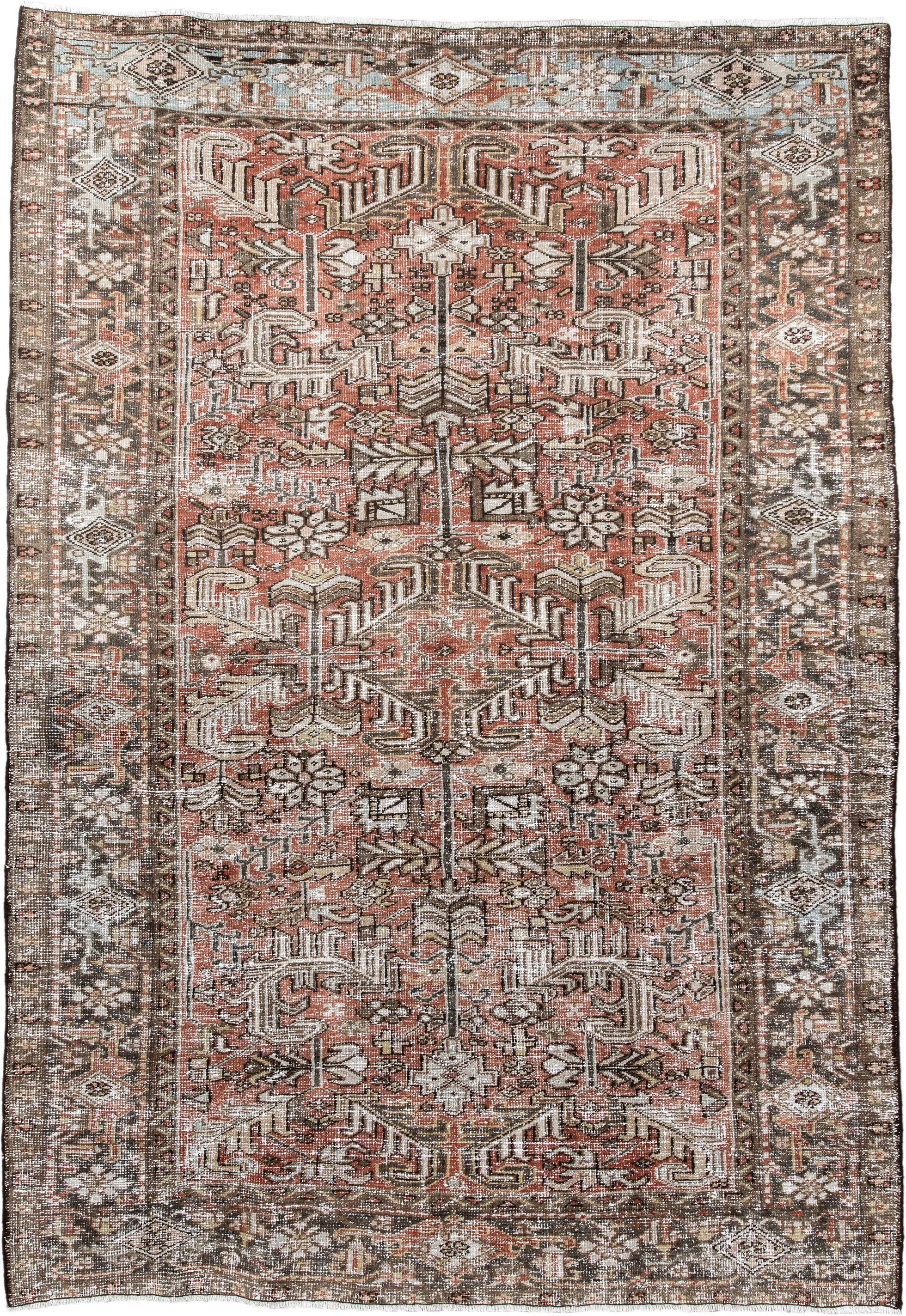 6' x 8' one-of-a-kind handmade antique Heriz medium size rug. Color palette: terra cotta, ivory, taupe, brown, charcoal