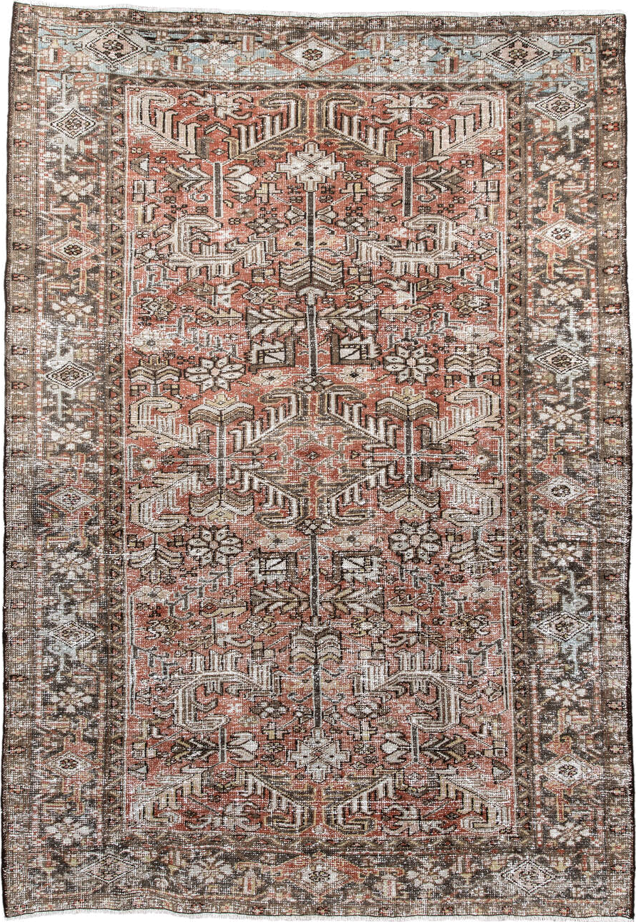 6' x 8' one-of-a-kind handmade vintage Heriz medium size rug. Color palette: black, brown, dim gray, gray, light gray