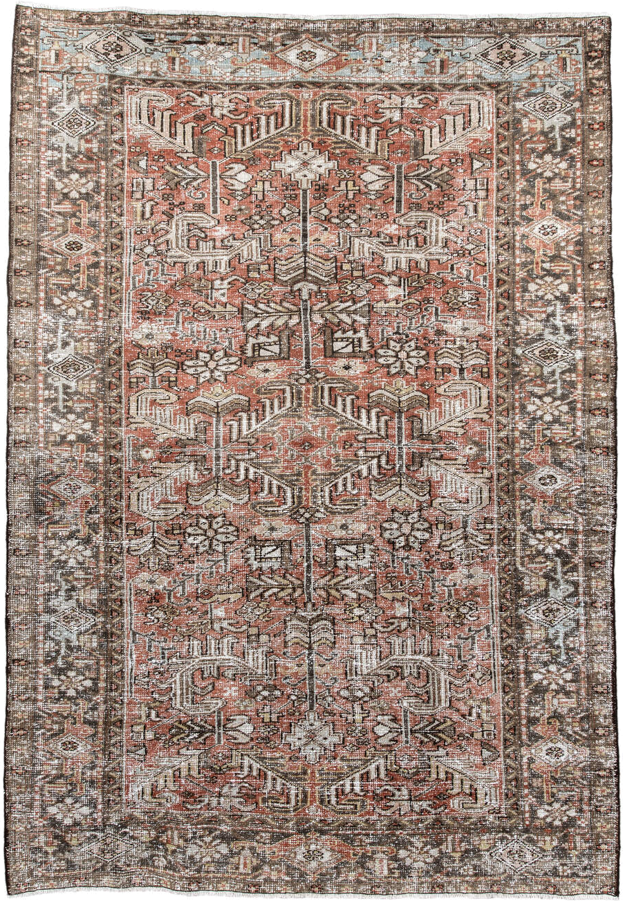 6' x 8' one-of-a-kind handmade antique Heriz medium size rug. Color palette: terra cotta, ivory, taupe, brown, charcoal