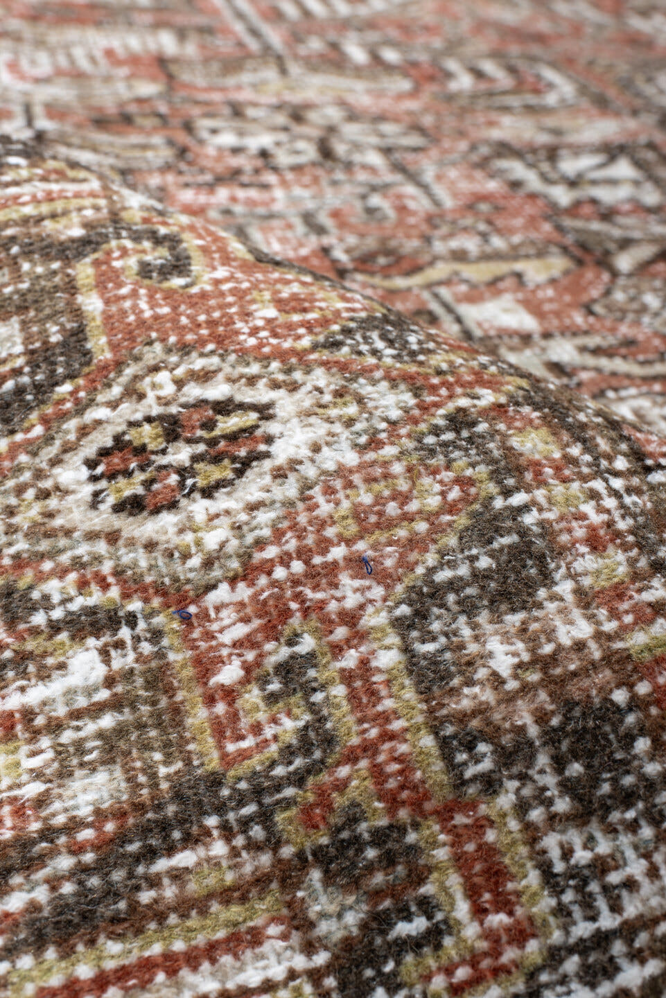 6' x 8' one-of-a-kind handmade antique Heriz medium size rug. Color palette: terra cotta, ivory, taupe, brown, charcoal