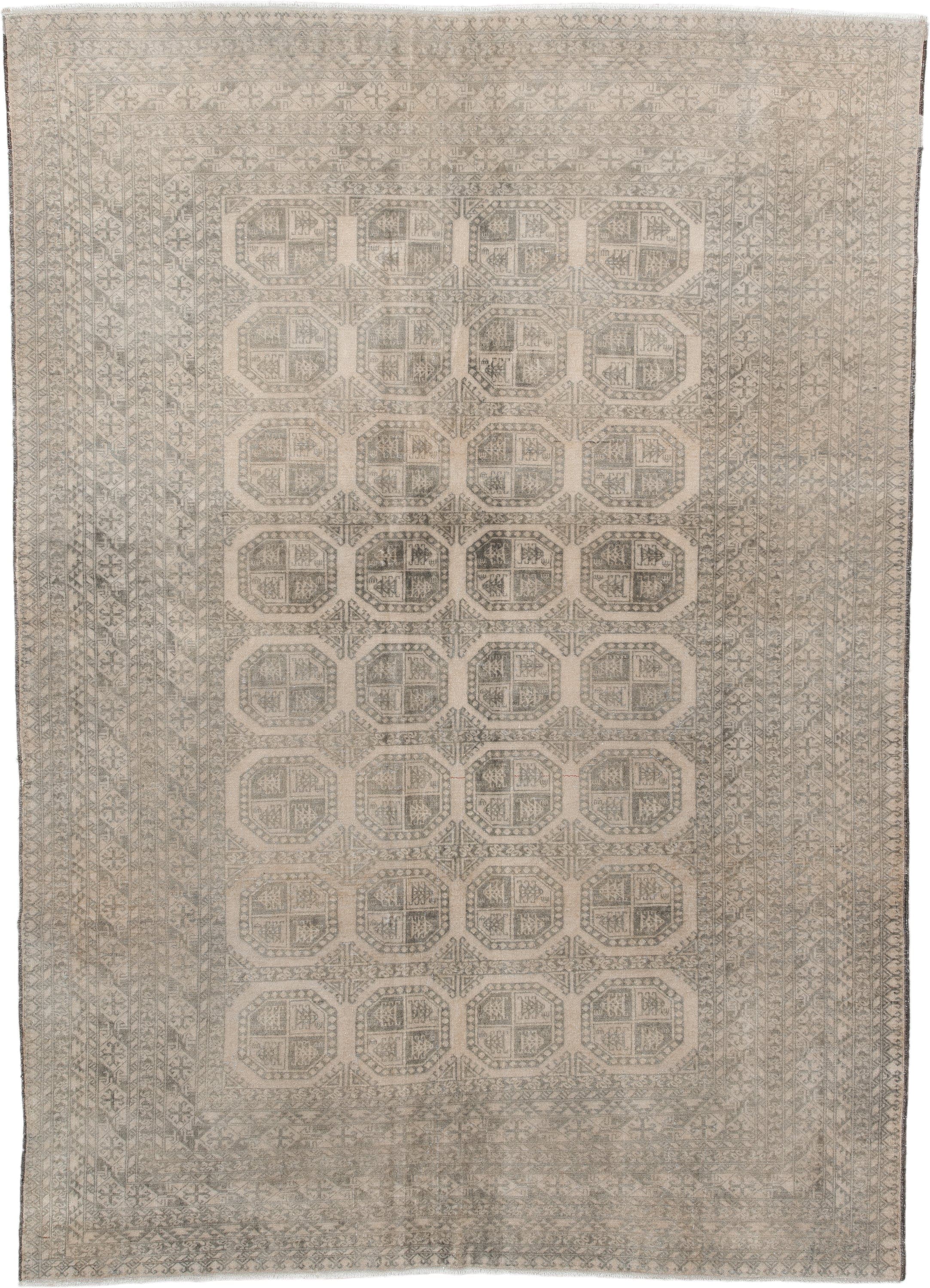 6' x 9' one-of-a-kind handmade antique Afghan medium size rug. Color palette: ivory, taupe, gray, beige, camel