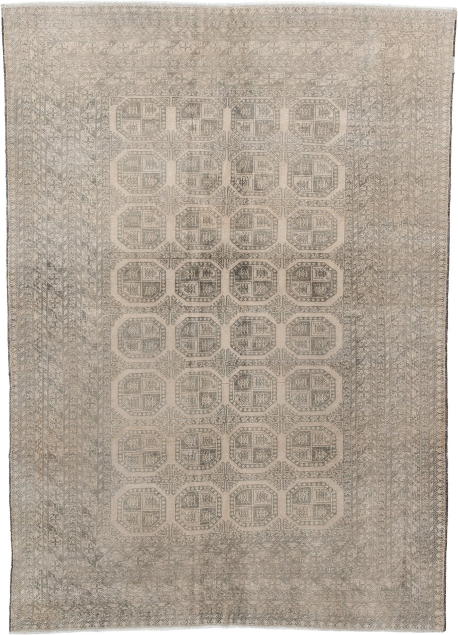 6' x 9' one-of-a-kind handmade antique Afghan medium size rug. Color palette: ivory, taupe, gray, beige, camel