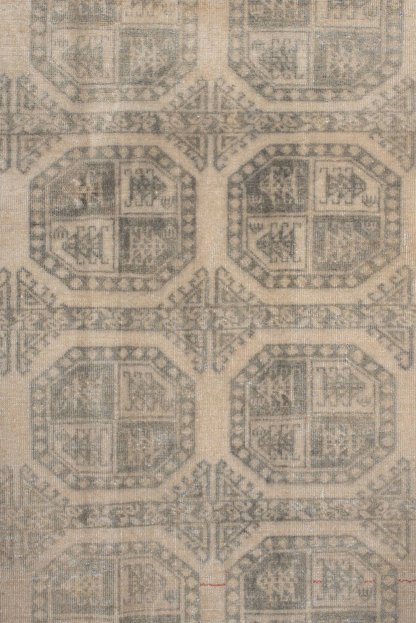 6' x 9' one-of-a-kind handmade antique Afghan medium size rug. Color palette: ivory, taupe, gray, beige, camel