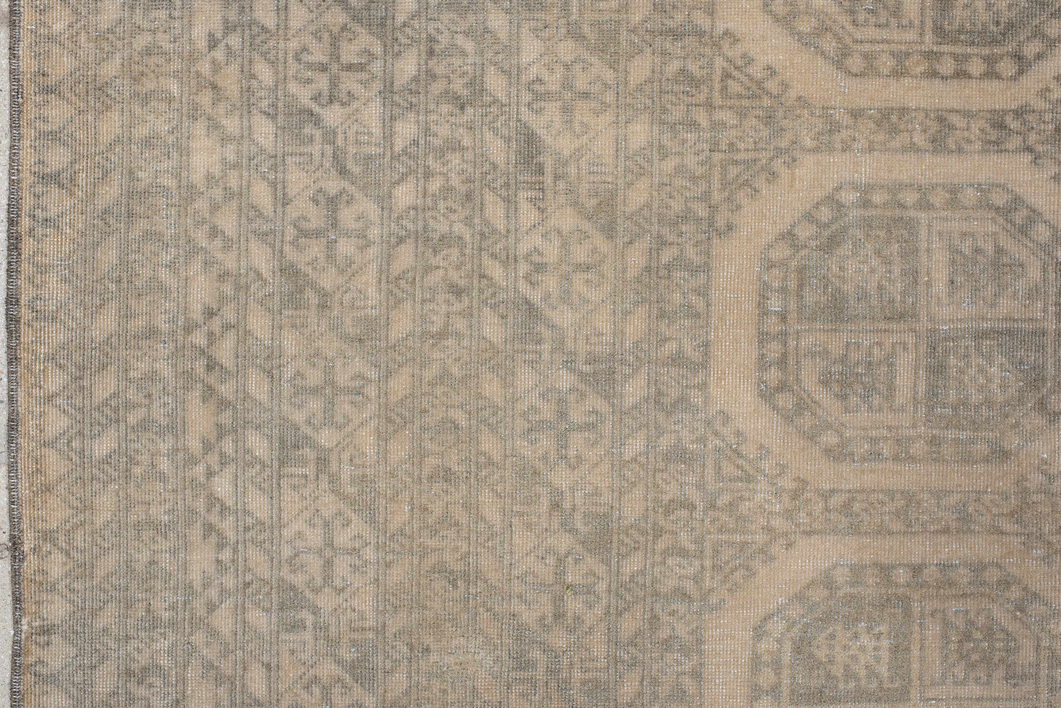 6' x 9' one-of-a-kind handmade antique Afghan medium size rug. Color palette: ivory, taupe, gray, beige, camel