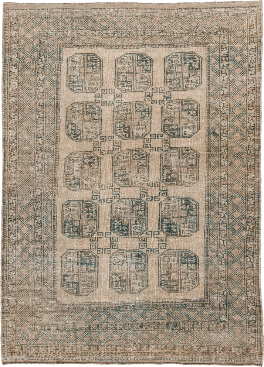 6' x 9' one-of-a-kind handmade vintage Afghan medium size rug. Color palette: brown, gray, light gray, off-white, orange