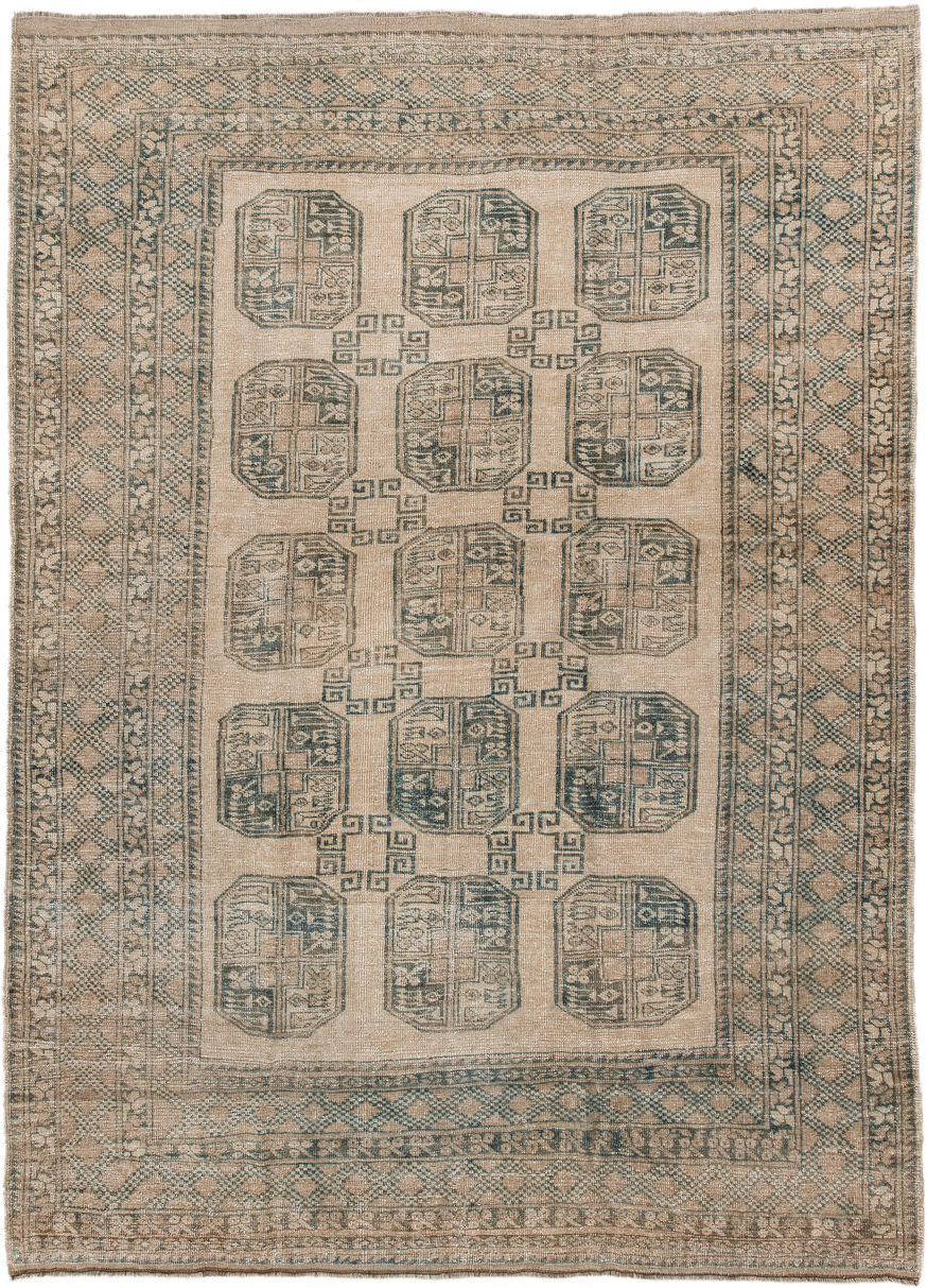 6' x 9' one-of-a-kind handmade antique Afghan medium size rug. Color palette: camel, taupe, sage, ivory, olive, beige, gray