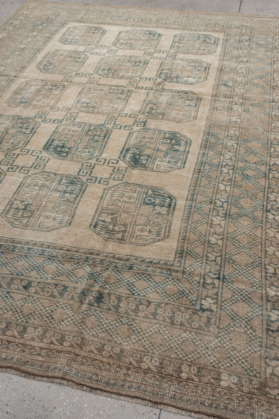 6' x 9' one-of-a-kind handmade antique Afghan medium size rug. Color palette: camel, taupe, sage, ivory, olive, beige, gray
