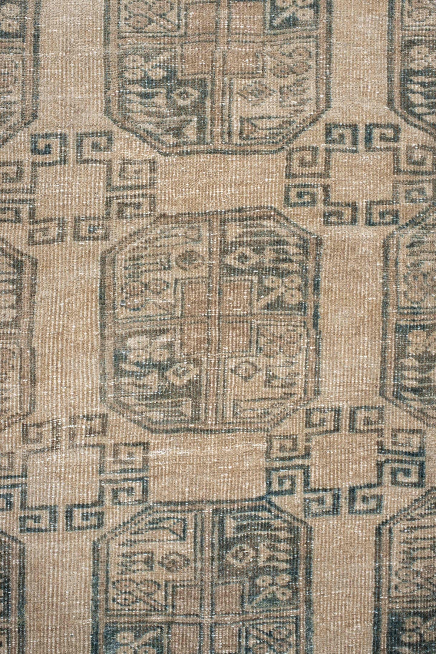 6' x 9' one-of-a-kind handmade antique Afghan medium size rug. Color palette: camel, taupe, sage, ivory, olive, beige, gray