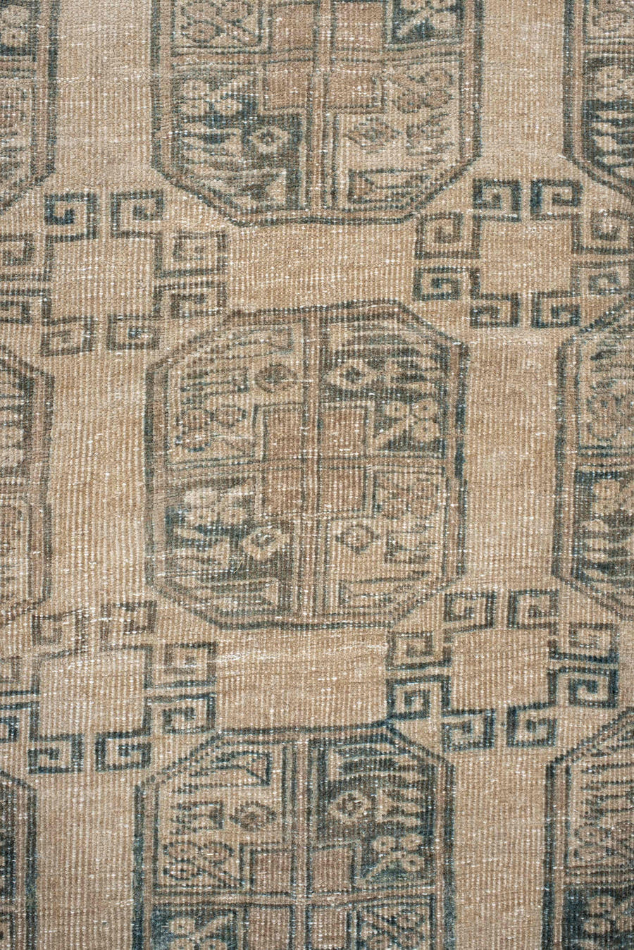 6' x 9' one-of-a-kind handmade antique Afghan medium size rug. Color palette: camel, taupe, sage, ivory, olive, beige, gray