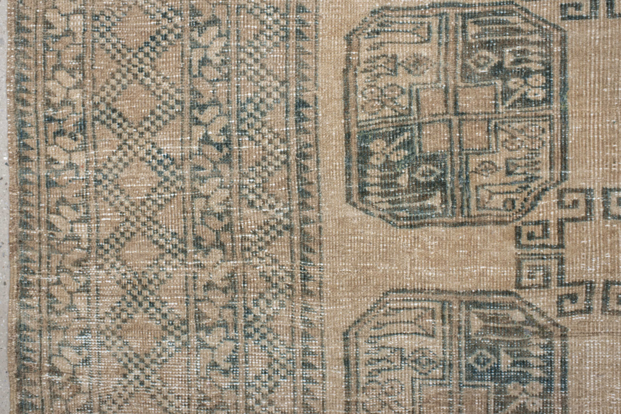 6' x 9' one-of-a-kind handmade antique Afghan medium size rug. Color palette: camel, taupe, sage, ivory, olive, beige, gray