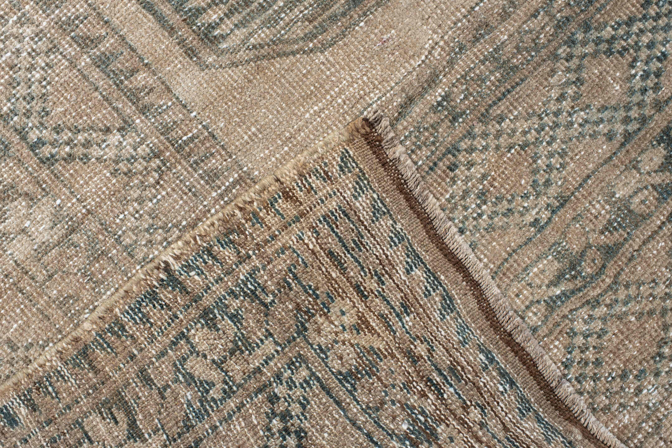 6' x 9' one-of-a-kind handmade antique Afghan medium size rug. Color palette: camel, taupe, sage, ivory, olive, beige, gray