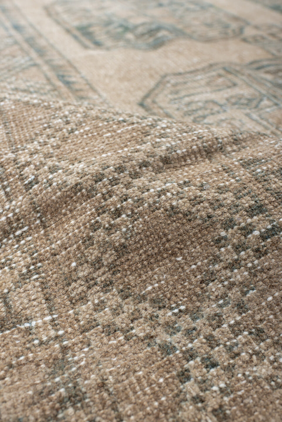 6' x 9' one-of-a-kind handmade antique Afghan medium size rug. Color palette: camel, taupe, sage, ivory, olive, beige, gray