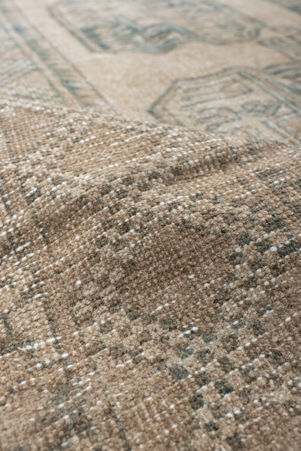 6' x 9' one-of-a-kind handmade antique Afghan medium size rug. Color palette: camel, taupe, sage, ivory, olive, beige, gray