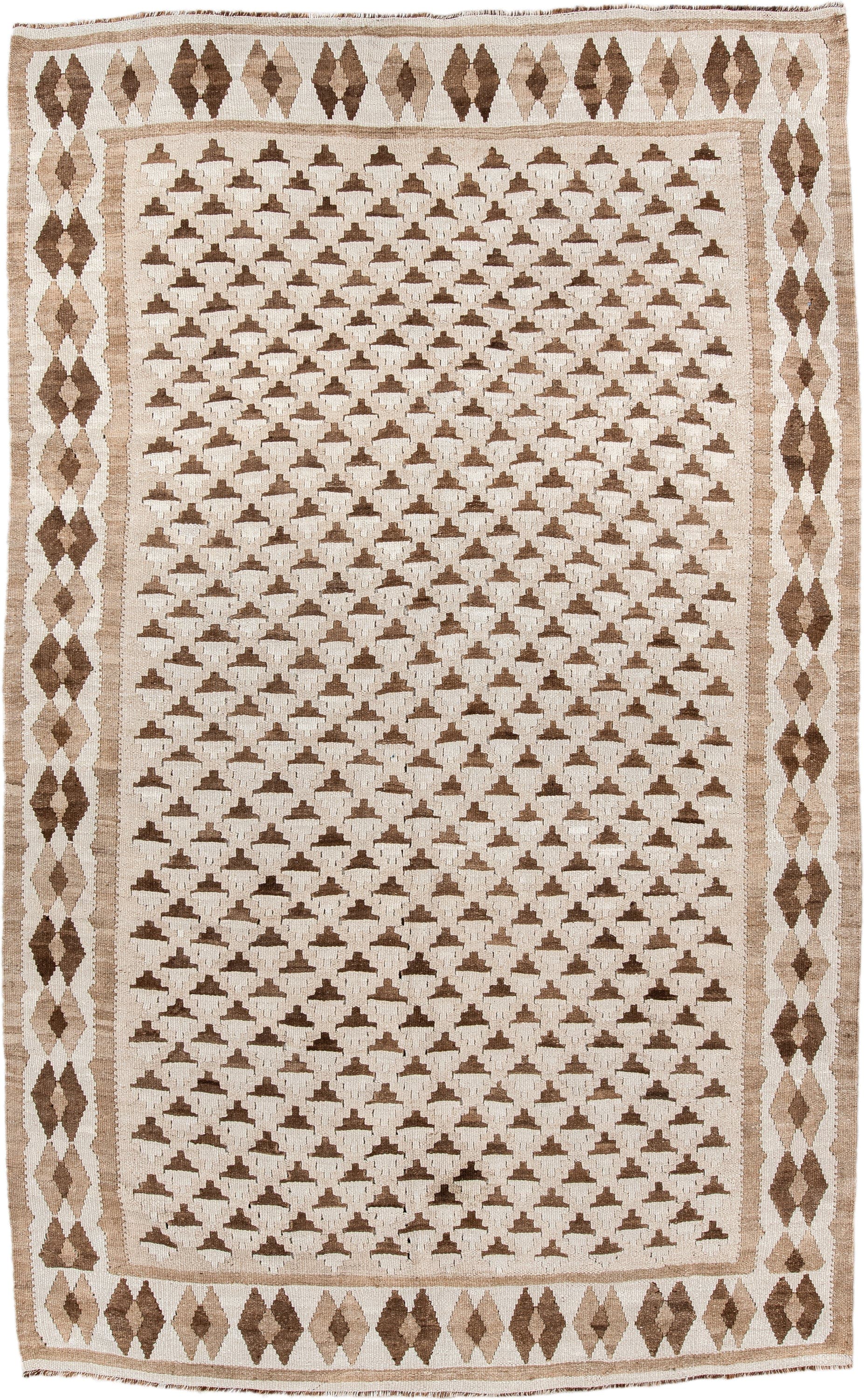 6' x 10' one-of-a-kind handmade antique Kilim large size rug. Color palette: ivory, taupe, brown, beige, camel, gray