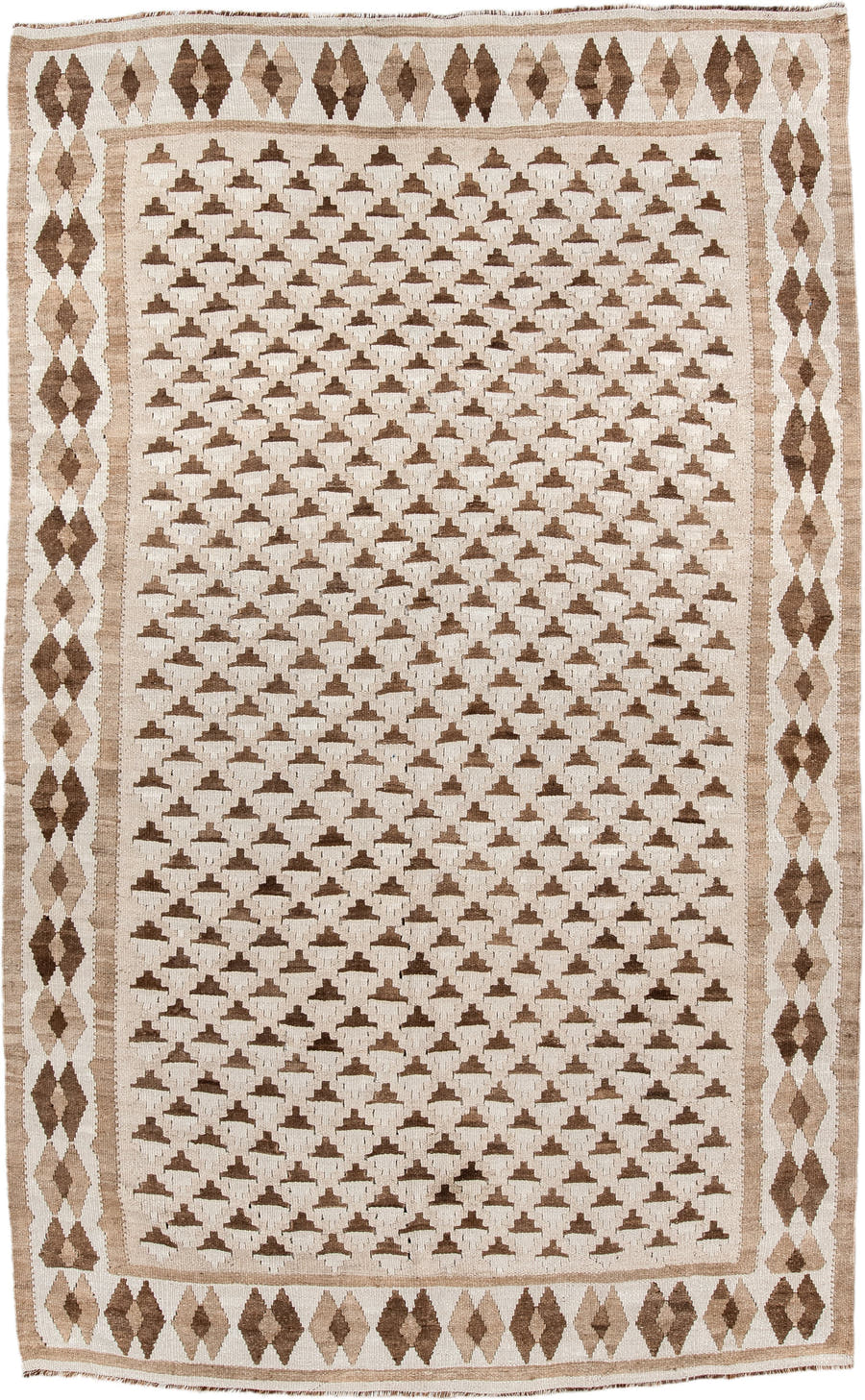 6' x 10' one-of-a-kind handmade antique Kilim large size rug. Color palette: ivory, taupe, brown, beige, camel, gray