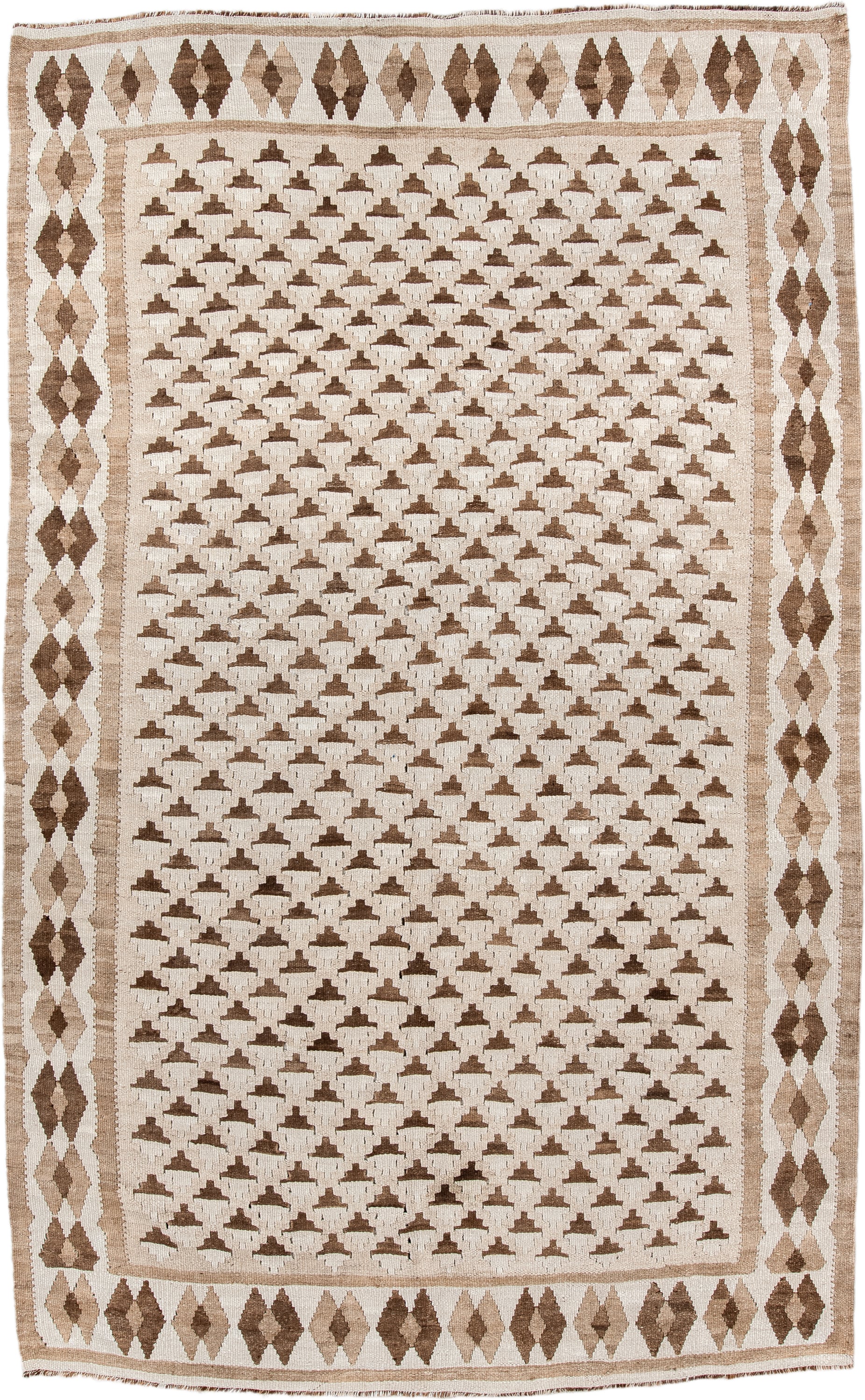 6' x 10' one-of-a-kind handmade antique Kilim large size rug. Color palette: ivory, taupe, brown, beige, camel, gray