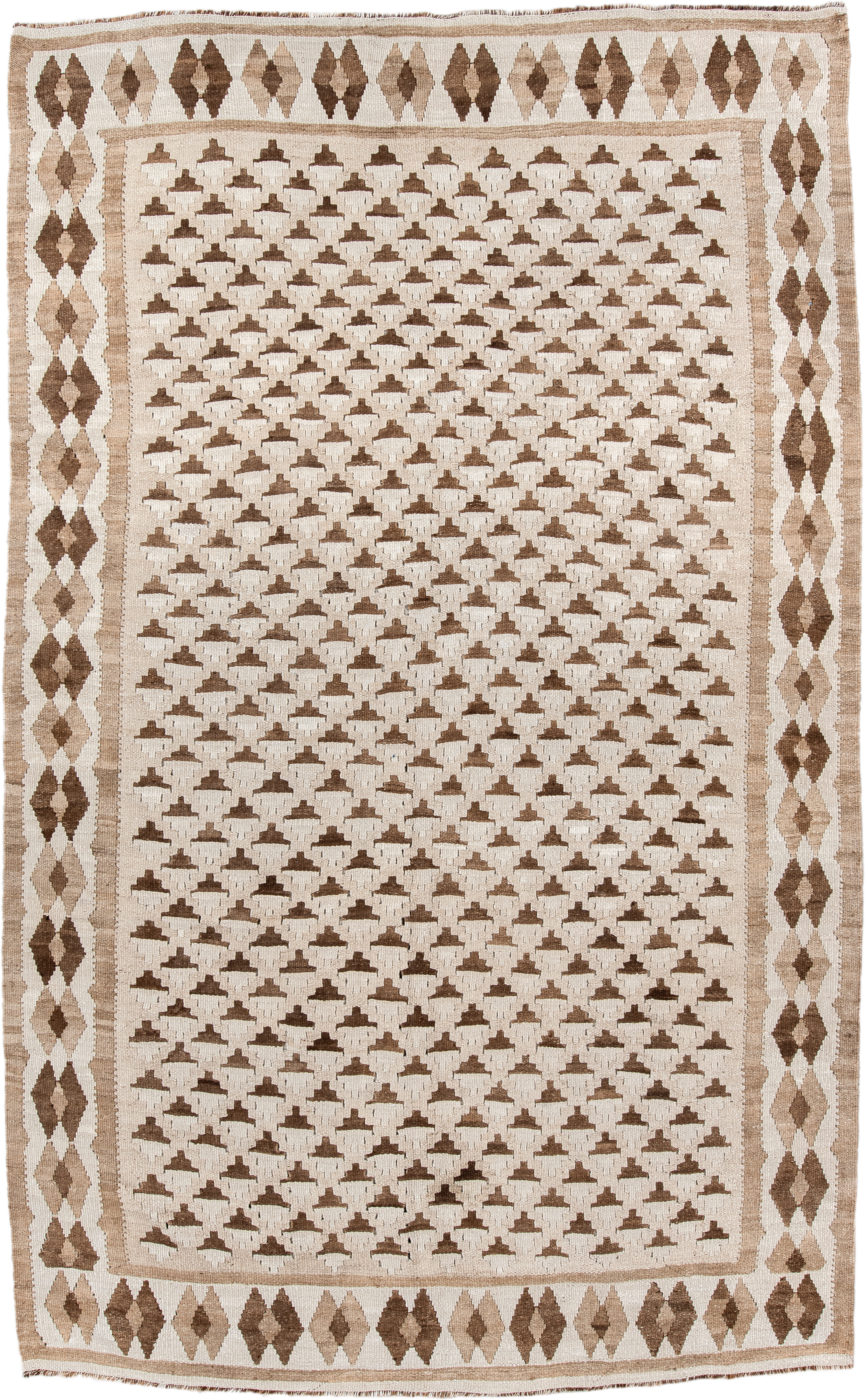 6' x 10' one-of-a-kind handmade antique Kilim large size rug. Color palette: ivory, taupe, brown, beige, camel, gray