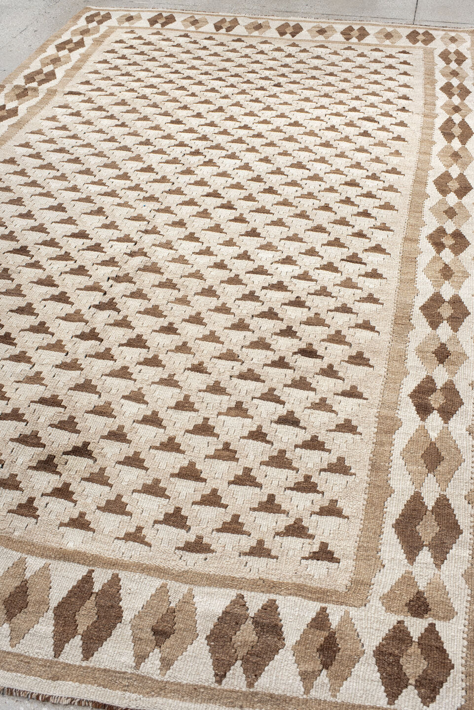 6' x 10' one-of-a-kind handmade antique Kilim large size rug. Color palette: ivory, taupe, brown, beige, camel, gray