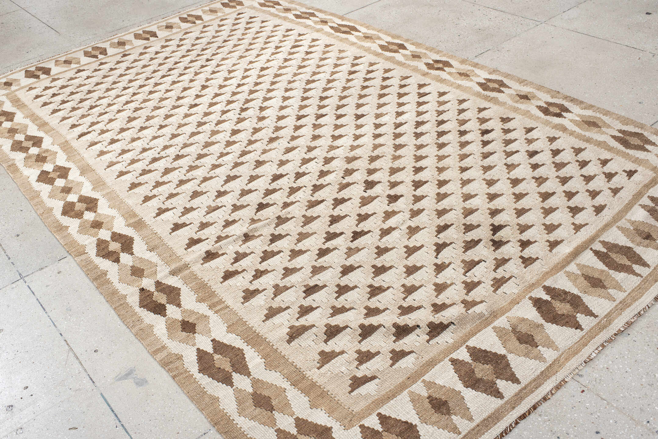 6' x 10' one-of-a-kind handmade antique Kilim large size rug. Color palette: ivory, taupe, brown, beige, camel, gray