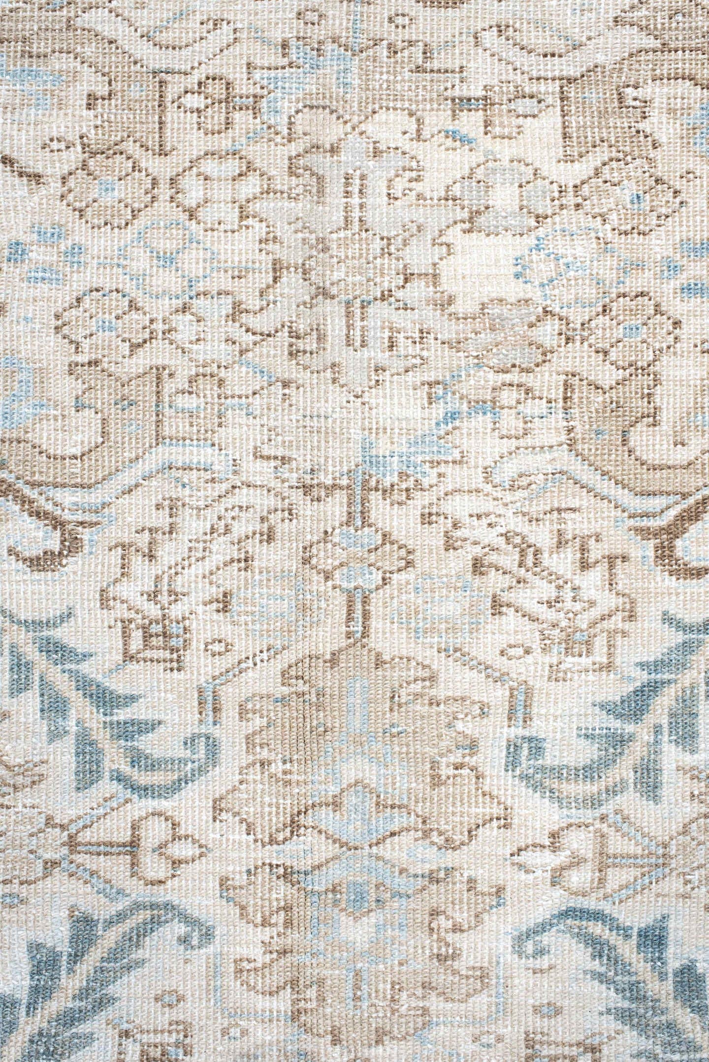 7' x 10' one-of-a-kind handmade antique Heriz large size rug. Color palette: ivory, light blue, taupe, beige, cream, gray