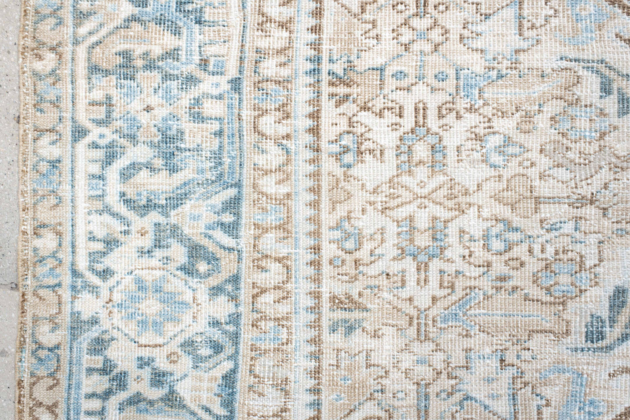 7' x 10' one-of-a-kind handmade antique Heriz large size rug. Color palette: ivory, light blue, taupe, beige, cream, gray