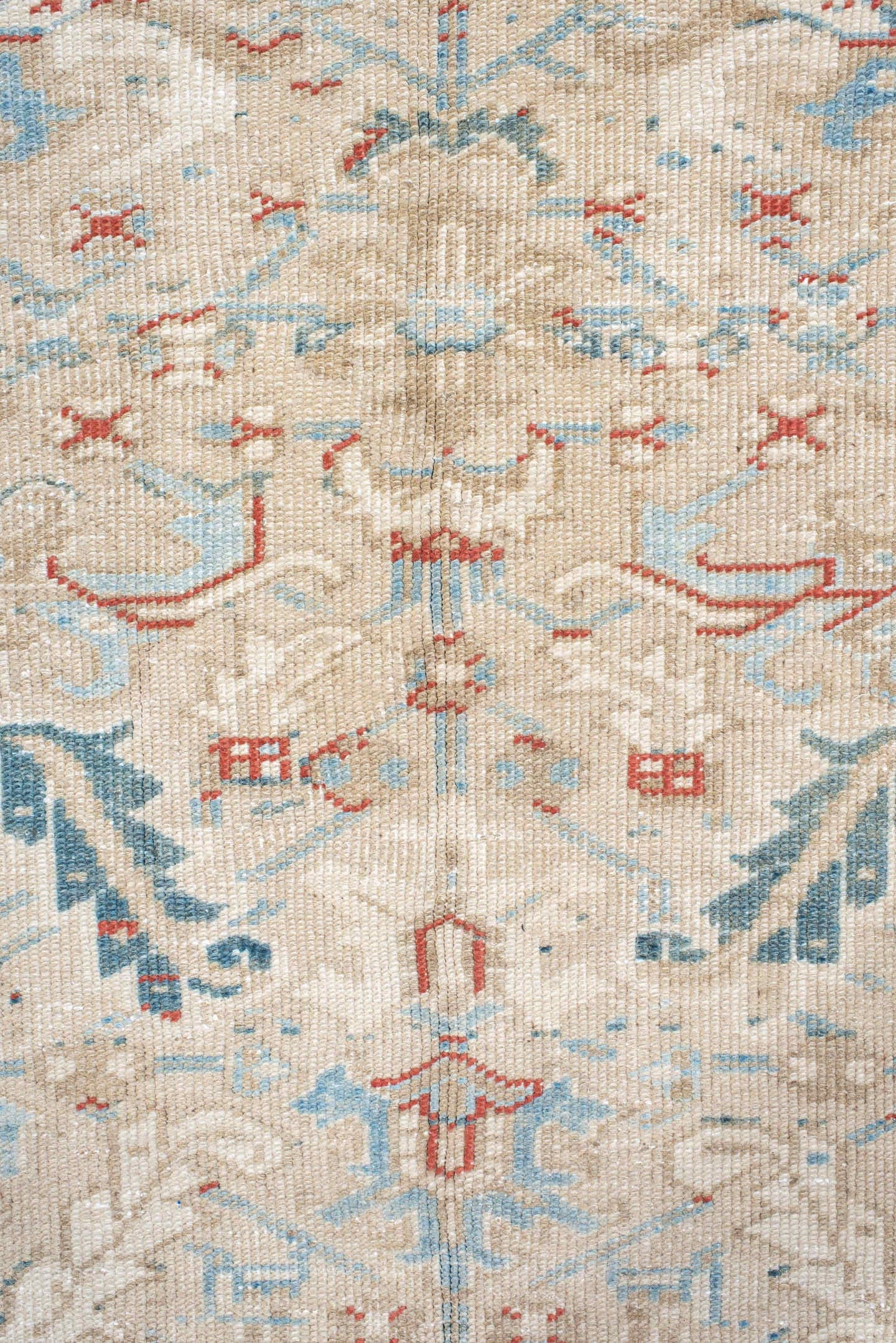 6' x 8' one-of-a-kind handmade antique Heriz medium size rug. Color palette: ivory, pale blue, rust, beige, sky blue