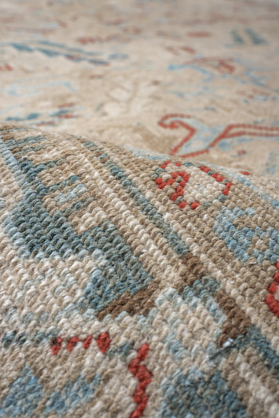 6' x 8' one-of-a-kind handmade antique Heriz medium size rug. Color palette: ivory, pale blue, rust, beige, sky blue