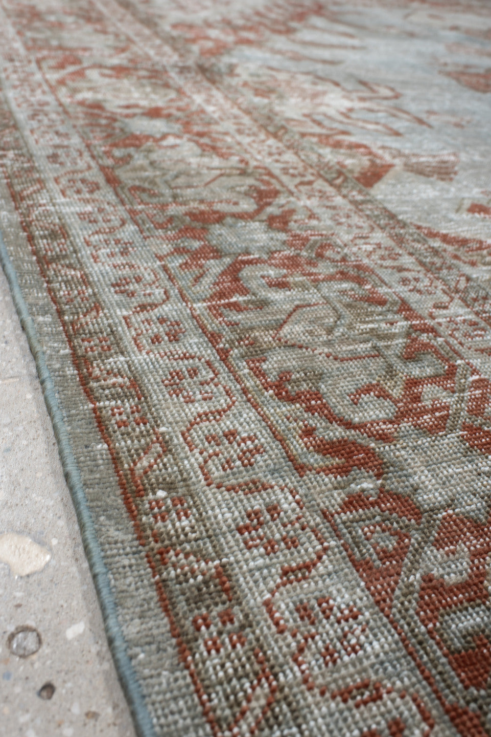 8' x 11' one-of-a-kind handmade vintage Veece large size rug. Color palette: pale blue, ivory, terra cotta, taupe, sage