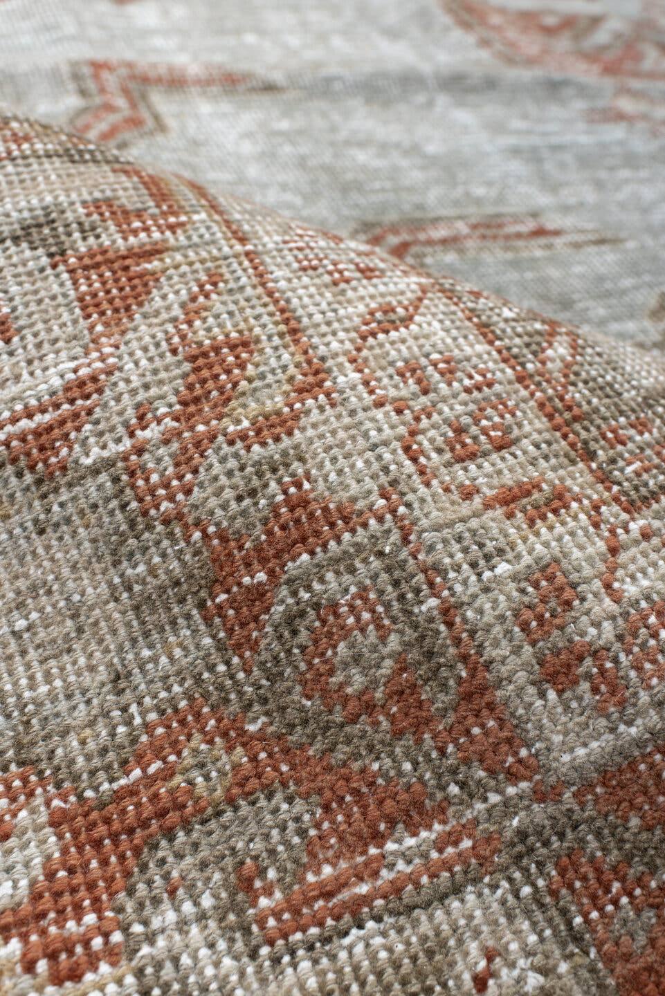 8' x 11' one-of-a-kind handmade vintage Veece large size rug. Color palette: pale blue, ivory, terra cotta, taupe, sage