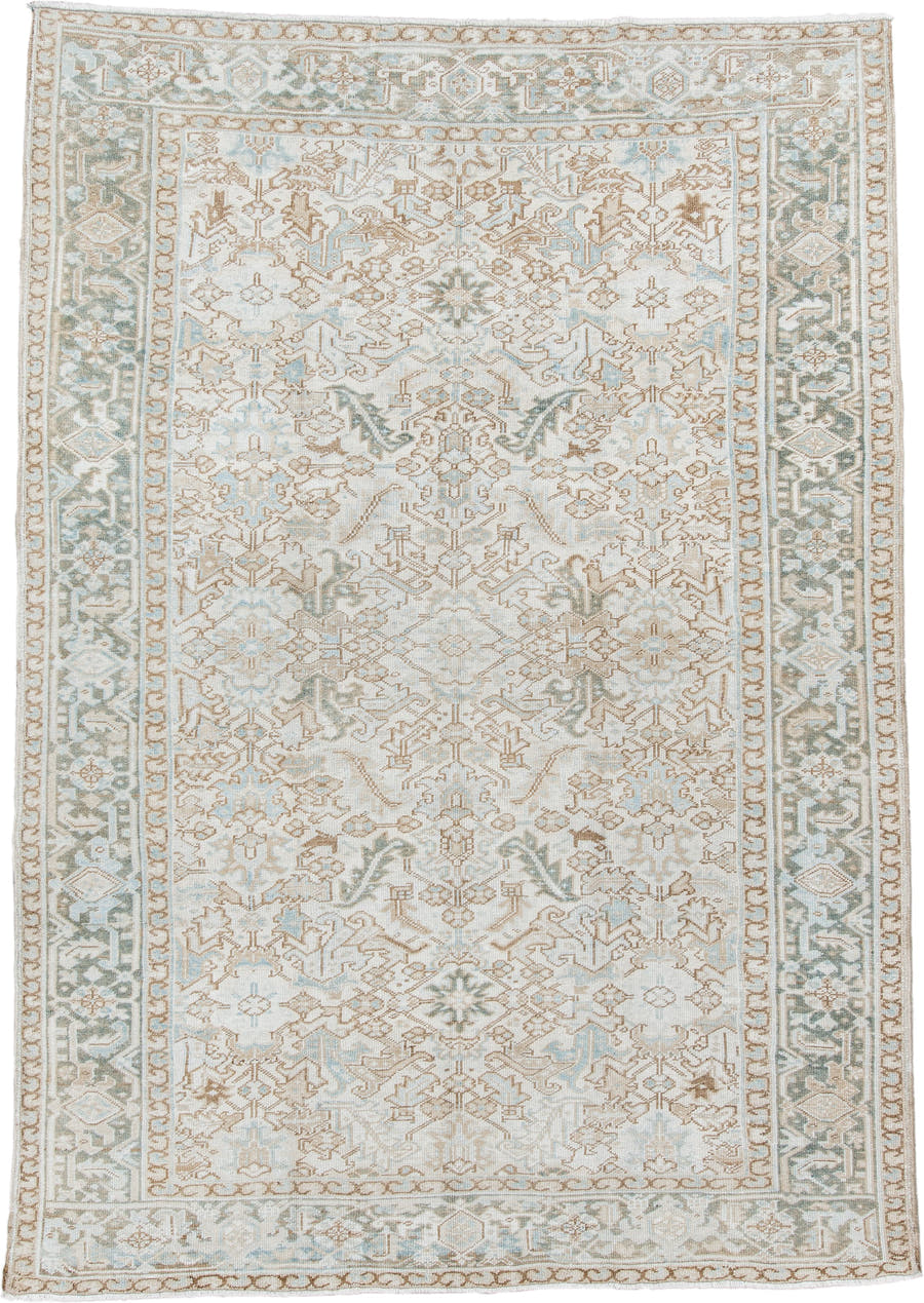 7' x 11' one-of-a-kind handmade antique Heriz large size rug. Color palette: ivory, pale aqua, camel, taupe, sage, cream