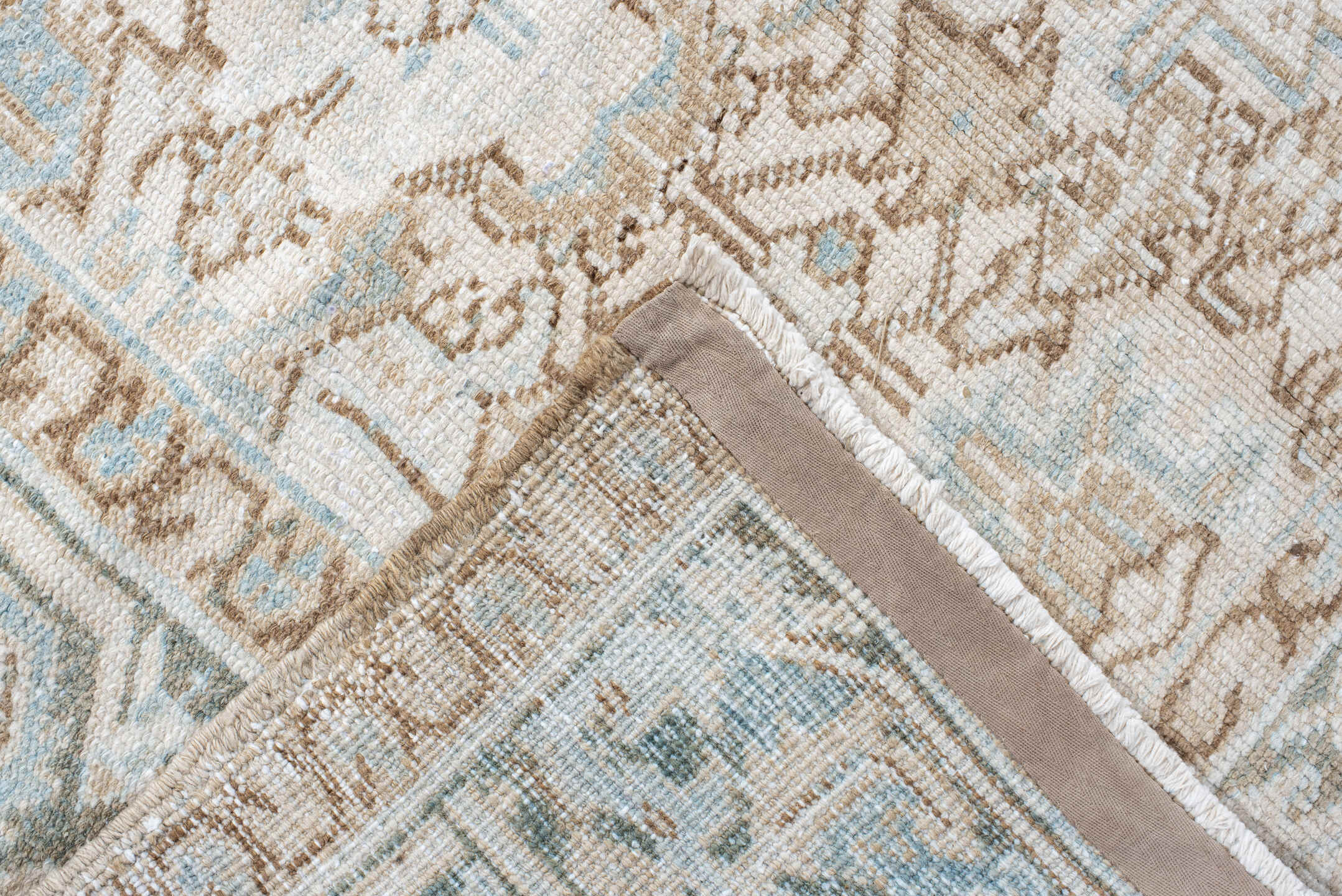 7' x 11' one-of-a-kind handmade antique Heriz large size rug. Color palette: ivory, pale aqua, camel, taupe, sage, cream