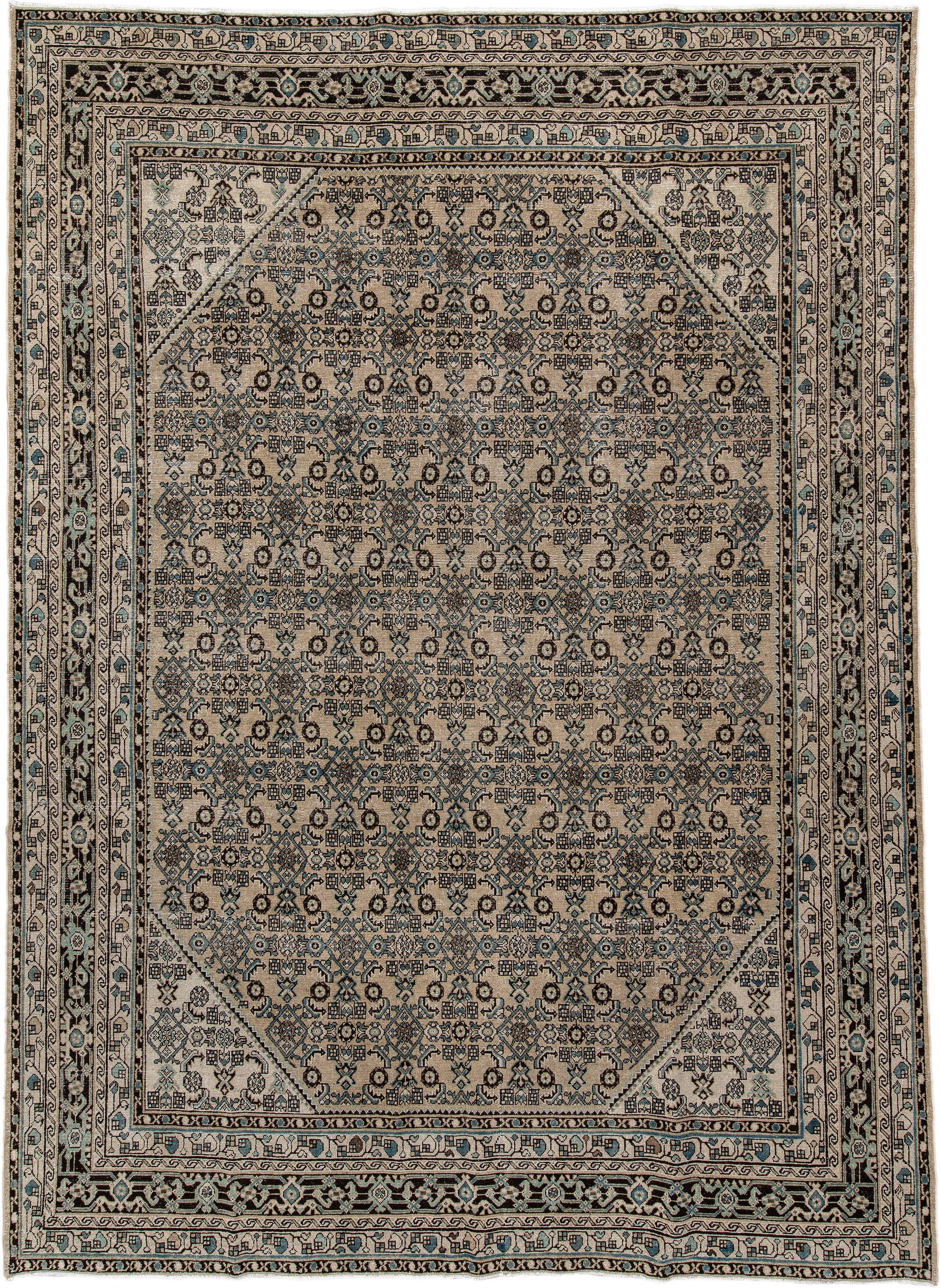 8' x 12' one-of-a-kind handmade antique Bibikabad large size rug. Color palette: ivory, navy, brown, sky_blue, charcoal