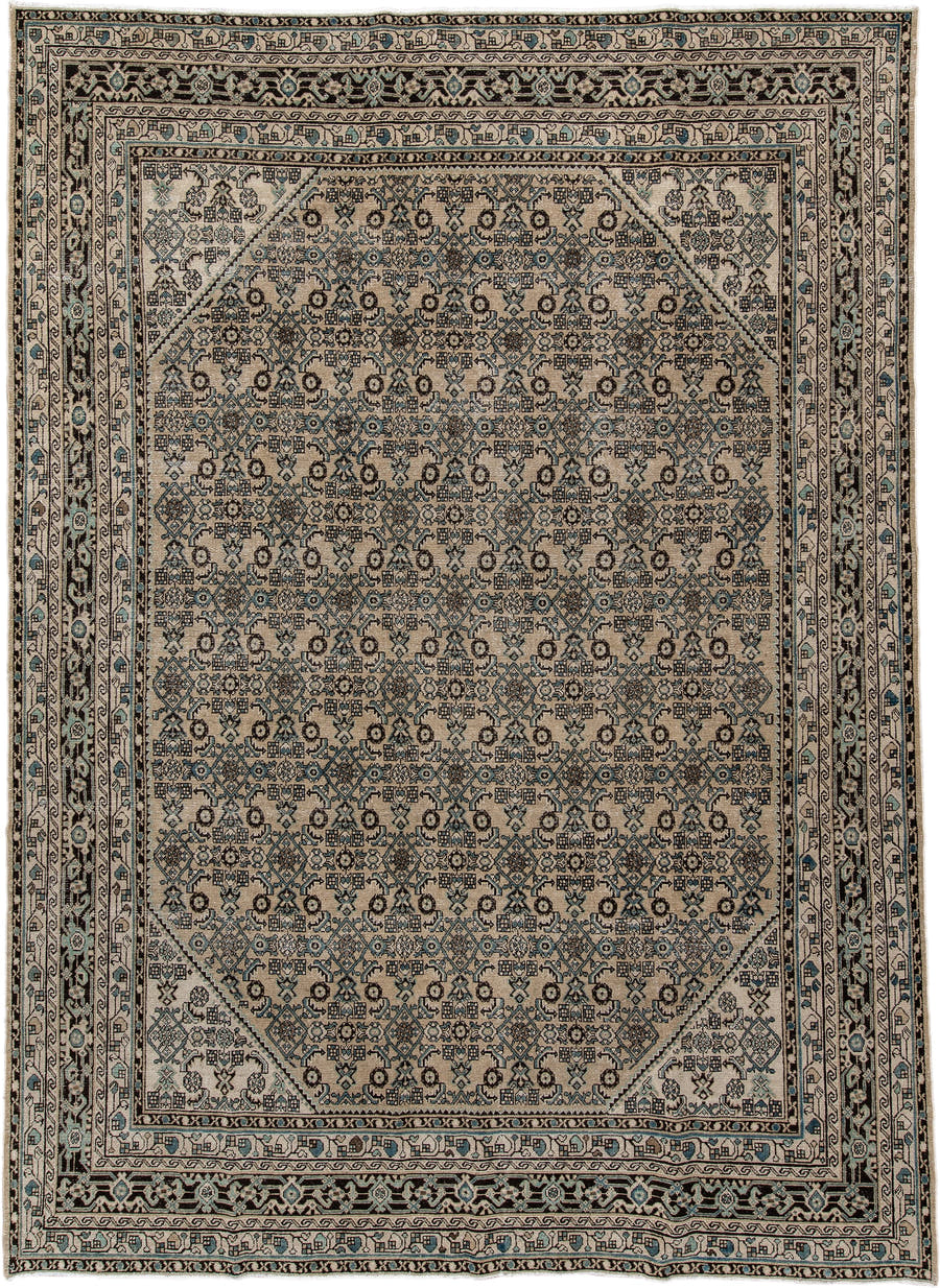 8' x 12' one-of-a-kind handmade antique Bibikabad large size rug. Color palette: ivory, navy, brown, sky_blue, charcoal