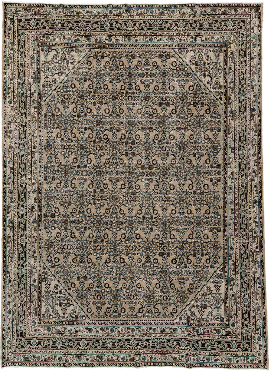 8' x 12' one-of-a-kind handmade antique Bibikabad large size rug. Color palette: ivory, navy, brown, sky_blue, charcoal