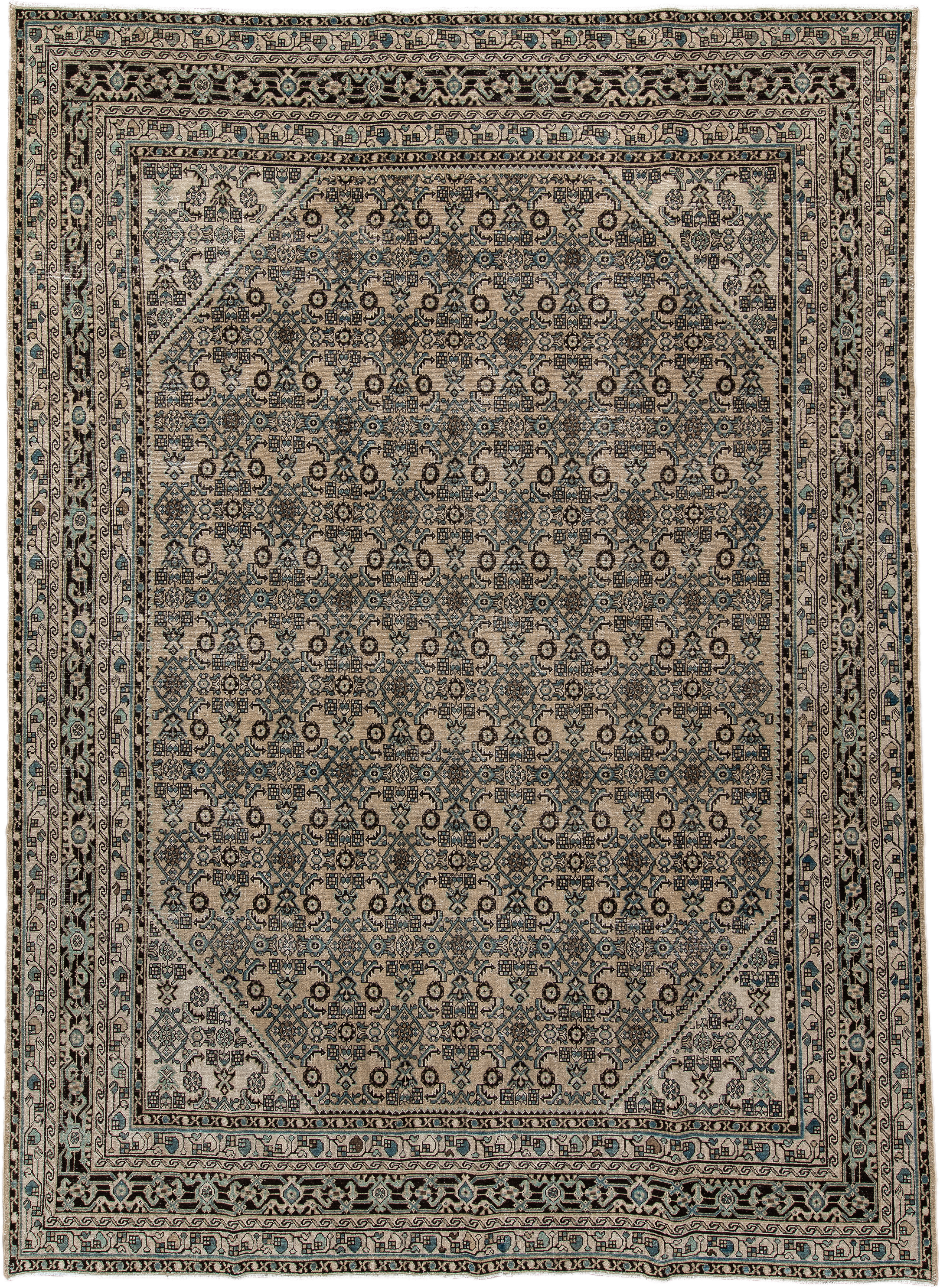 8' x 12' one-of-a-kind handmade antique Bibikabad large size rug. Color palette: ivory, navy, brown, sky_blue, charcoal