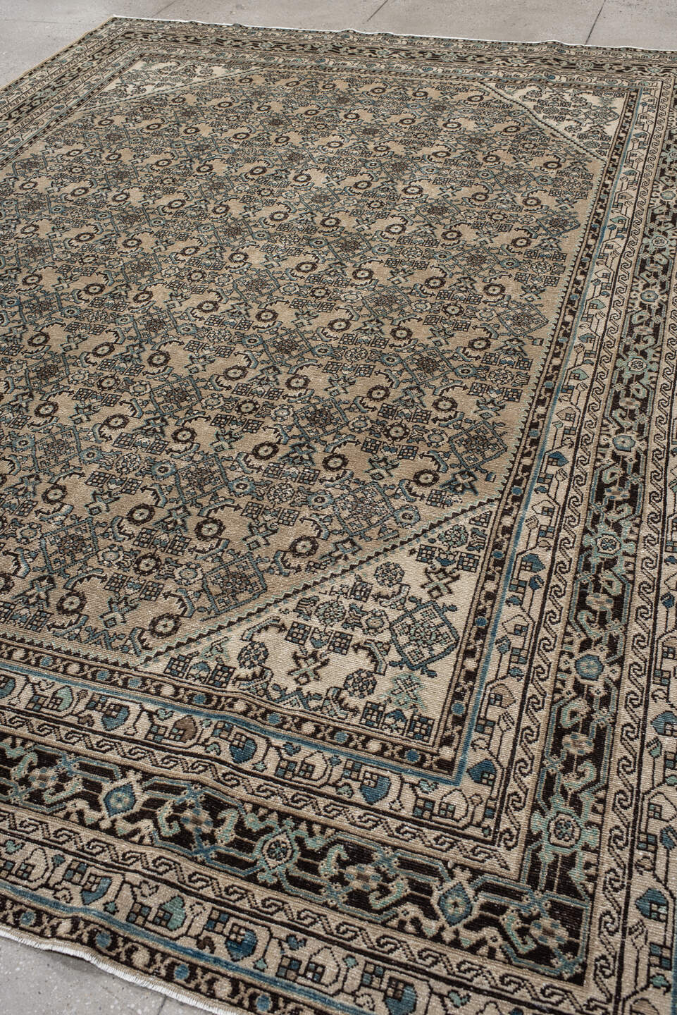 8' x 12' one-of-a-kind handmade antique Bibikabad large size rug. Color palette: ivory, navy, brown, sky_blue, charcoal