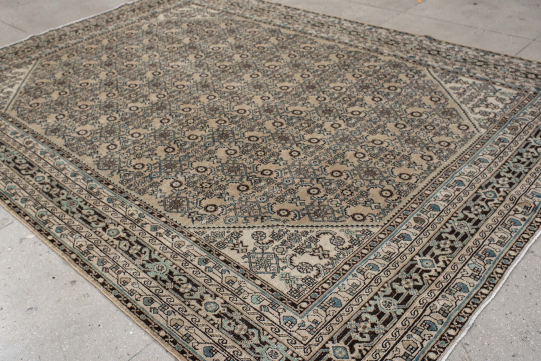 8' x 12' one-of-a-kind handmade antique Bibikabad large size rug. Color palette: ivory, navy, brown, sky_blue, charcoal