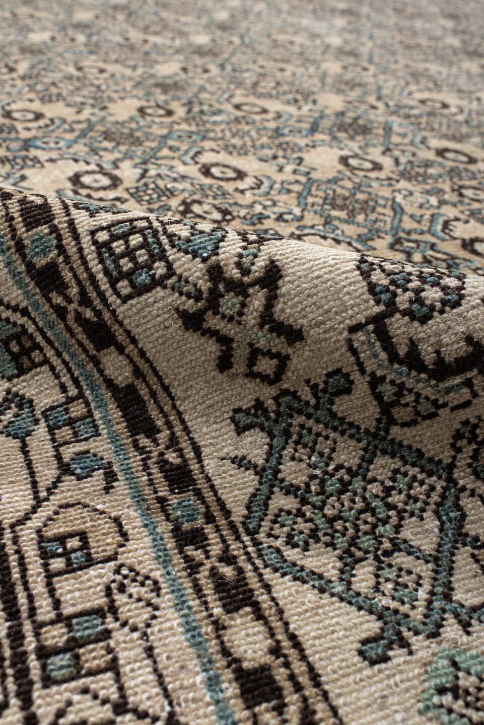 8' x 12' one-of-a-kind handmade antique Bibikabad large size rug. Color palette: ivory, navy, brown, sky_blue, charcoal