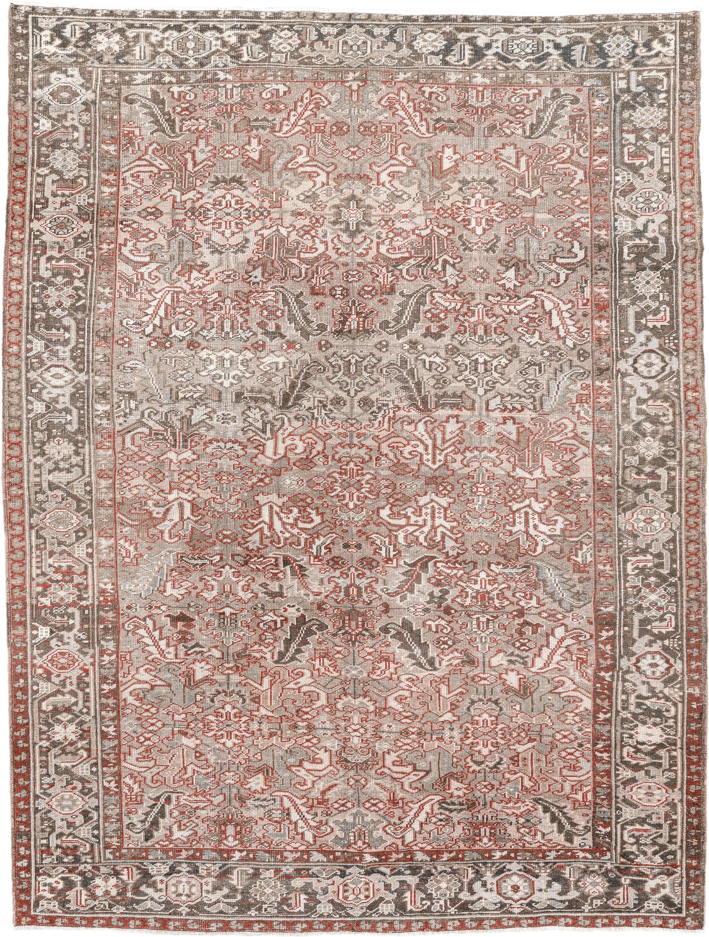 7' x 10' one-of-a-kind handmade antique Heriz large size rug. Color palette: taupe, ivory, charcoal, coral, brown, gray