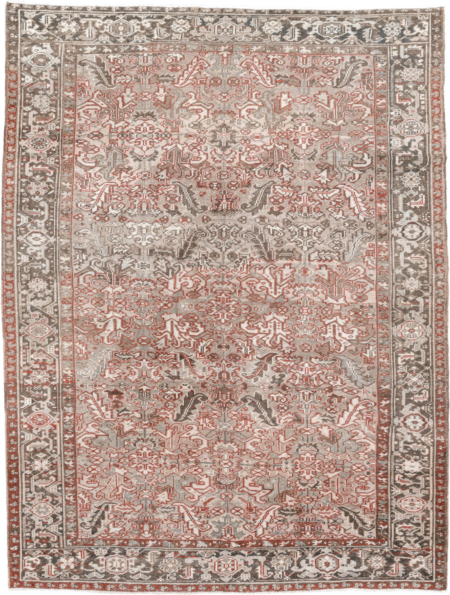 7' x 10' one-of-a-kind handmade antique Heriz large size rug. Color palette: taupe, ivory, charcoal, coral, brown, gray
