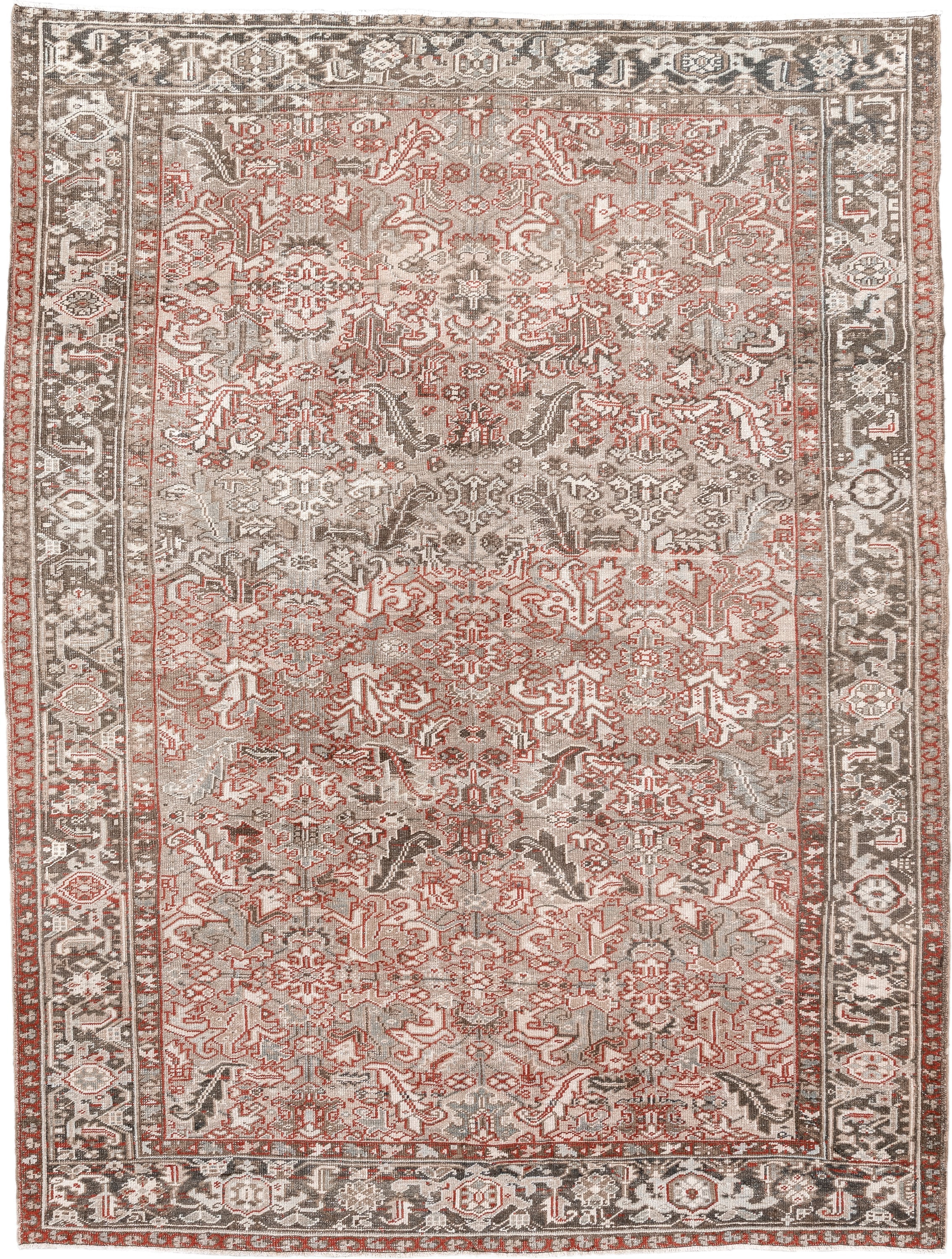 7' x 10' one-of-a-kind handmade antique Heriz large size rug. Color palette: taupe, ivory, charcoal, coral, brown, gray