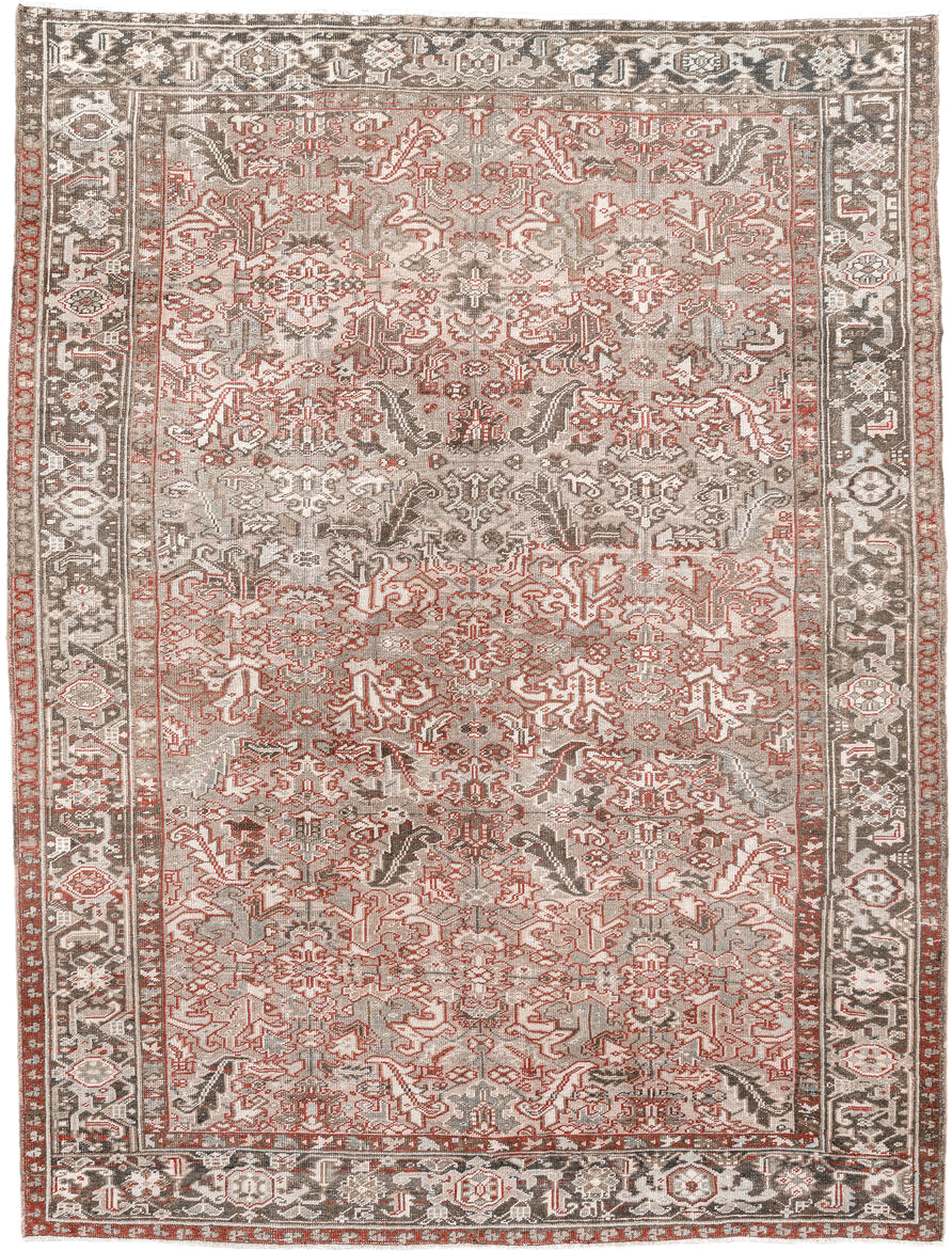7' x 10' one-of-a-kind handmade antique Heriz large size rug. Color palette: taupe, ivory, charcoal, coral, brown, gray