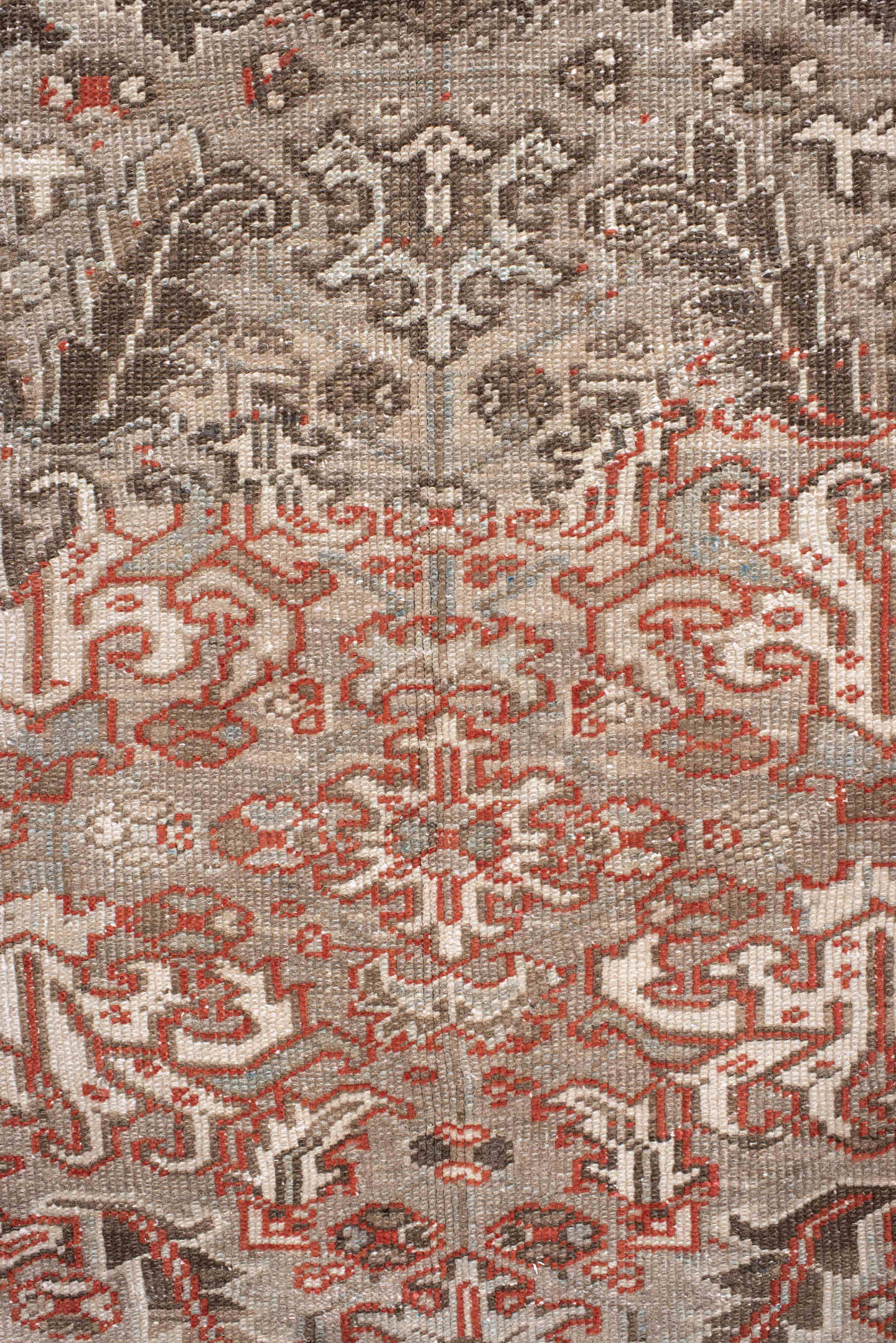 7' x 10' one-of-a-kind handmade antique Heriz large size rug. Color palette: taupe, ivory, charcoal, coral, brown, gray
