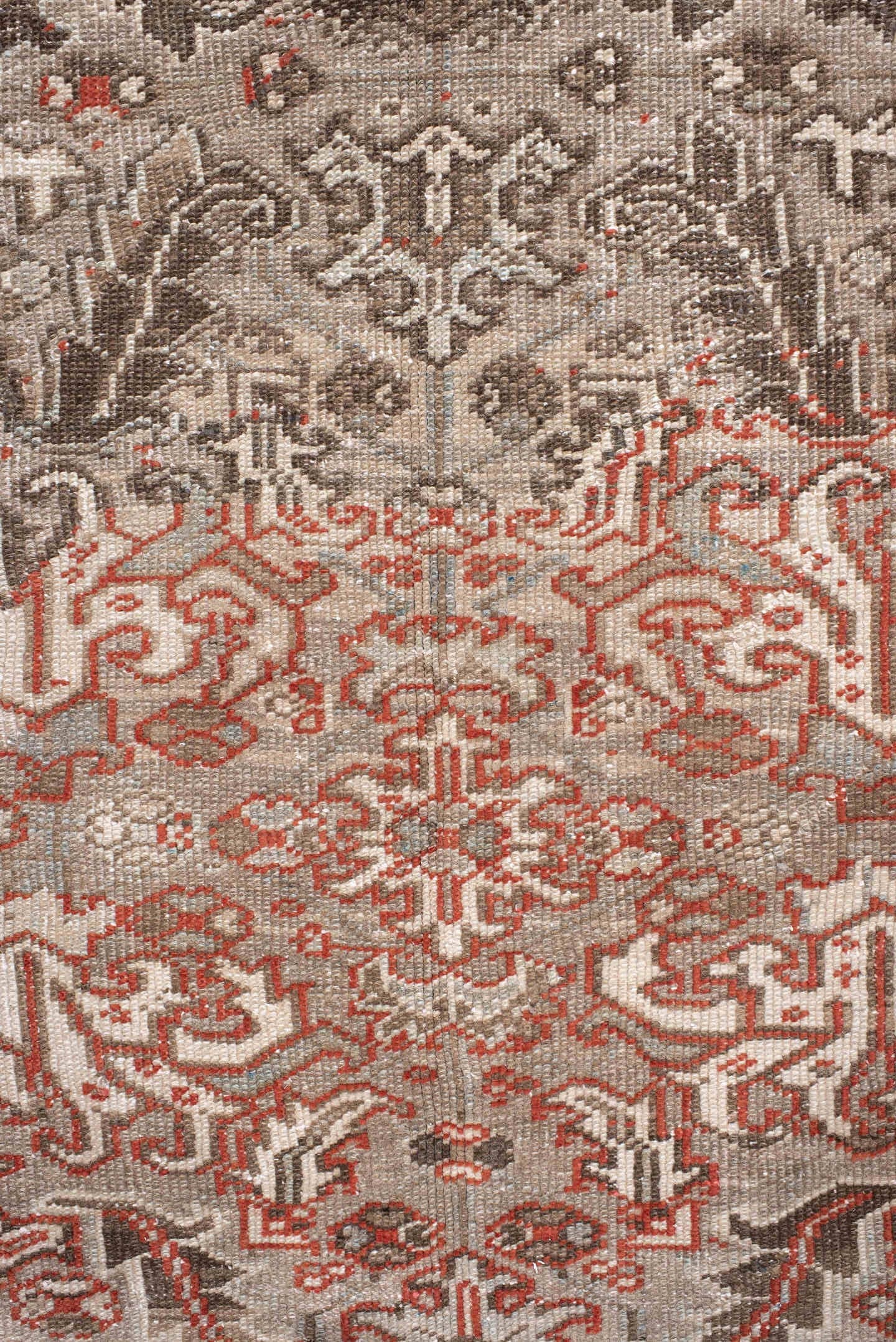 7' x 10' one-of-a-kind handmade antique Heriz large size rug. Color palette: taupe, ivory, charcoal, coral, brown, gray