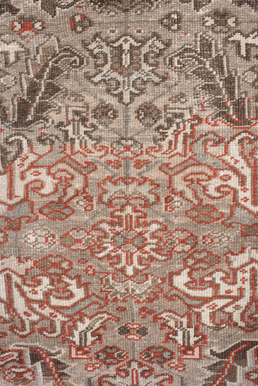7' x 10' one-of-a-kind handmade antique Heriz large size rug. Color palette: taupe, ivory, charcoal, coral, brown, gray