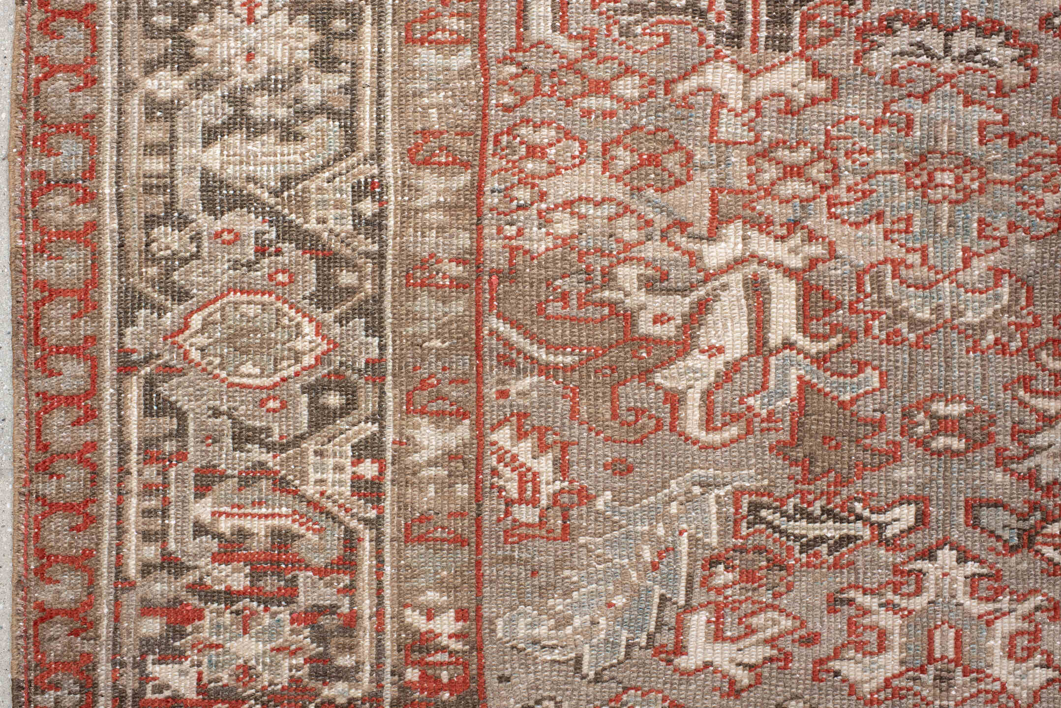 7' x 10' one-of-a-kind handmade antique Heriz large size rug. Color palette: taupe, ivory, charcoal, coral, brown, gray