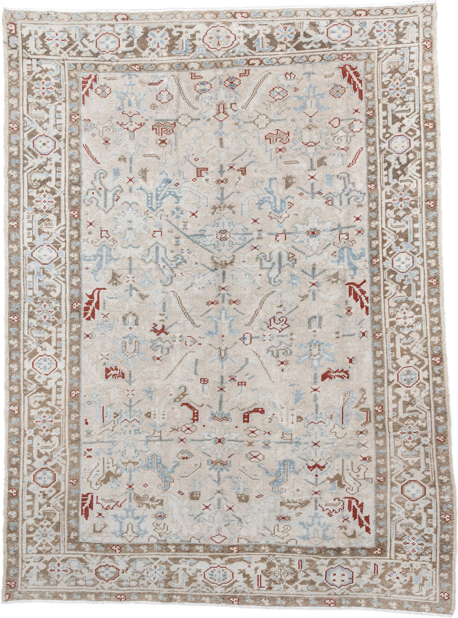 6' x 8' one-of-a-kind handmade antique Heriz medium size rug. Color palette: ivory, taupe, light blue, rust, beige, gray