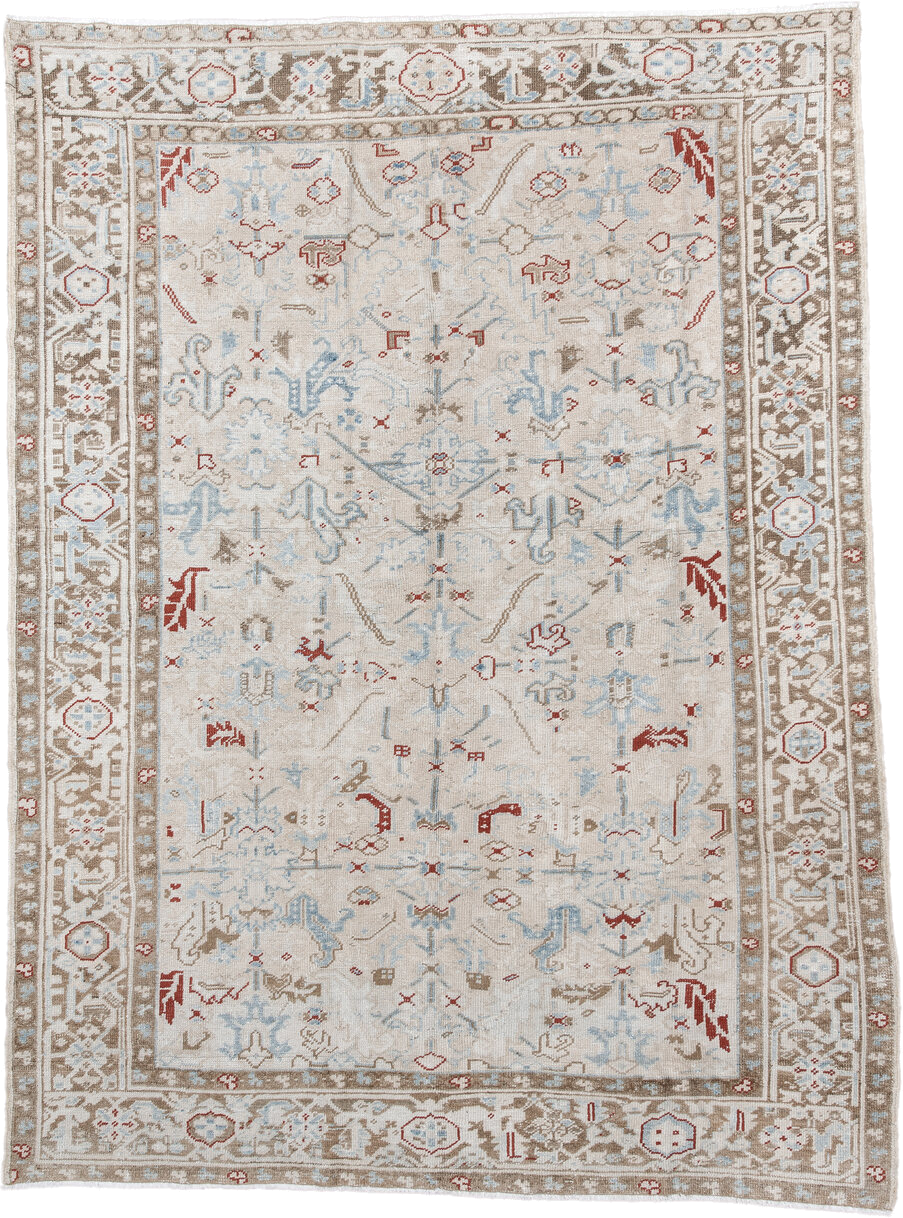 6' x 8' one-of-a-kind handmade antique Heriz medium size rug. Color palette: ivory, taupe, light blue, rust, beige, gray