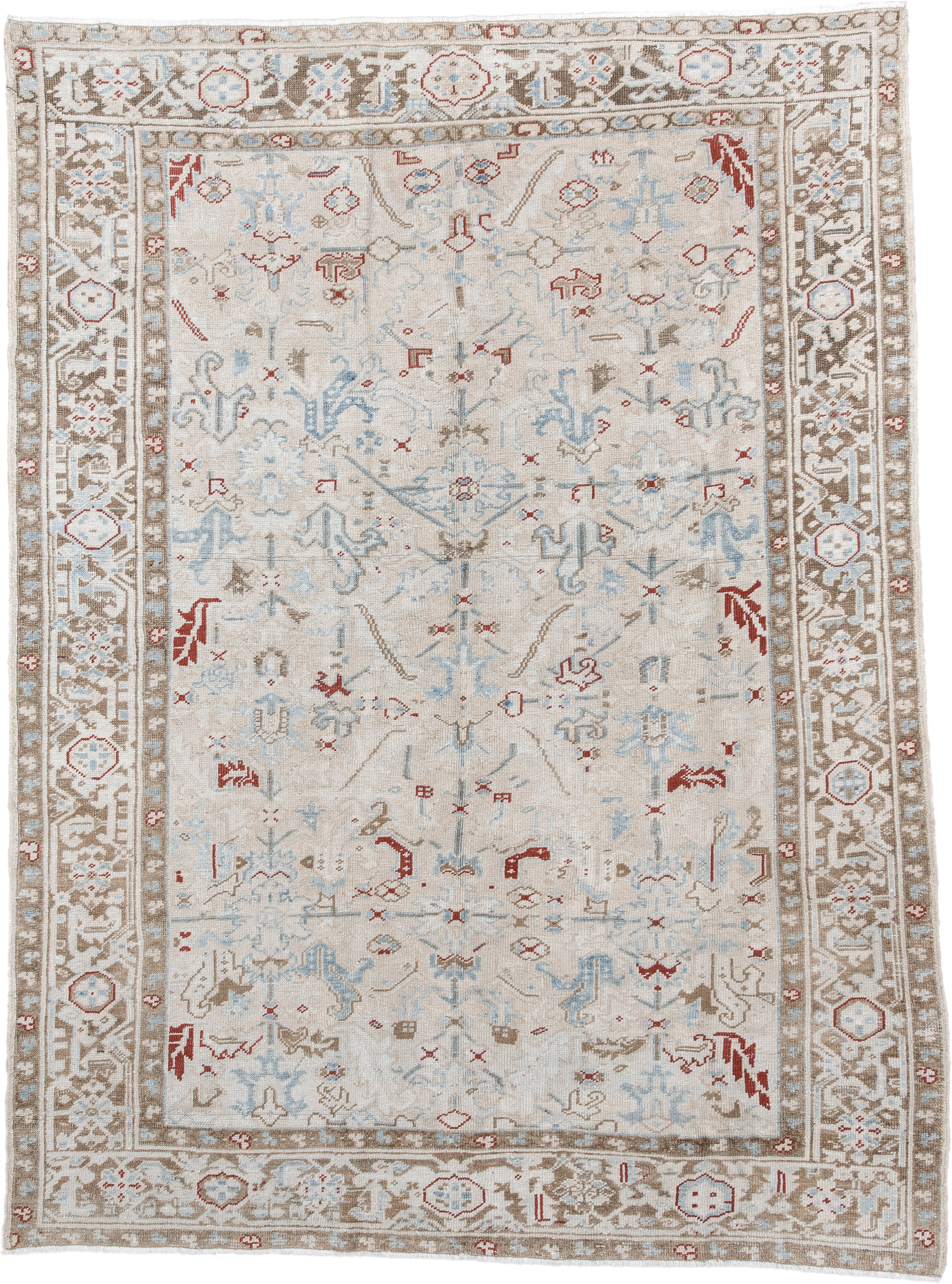 6' x 8' one-of-a-kind handmade antique Heriz medium size rug. Color palette: ivory, taupe, light blue, rust, beige, gray