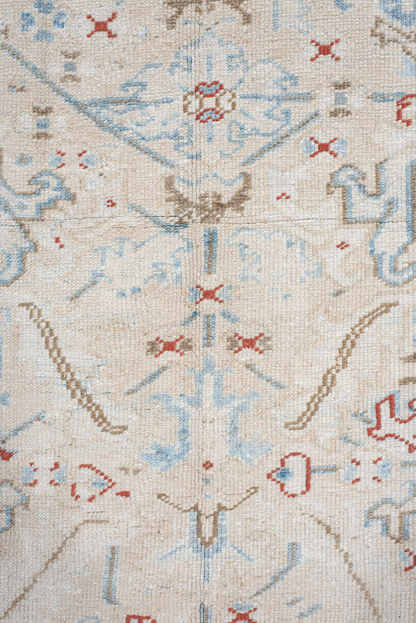 6' x 8' one-of-a-kind handmade antique Heriz medium size rug. Color palette: ivory, taupe, light blue, rust, beige, gray